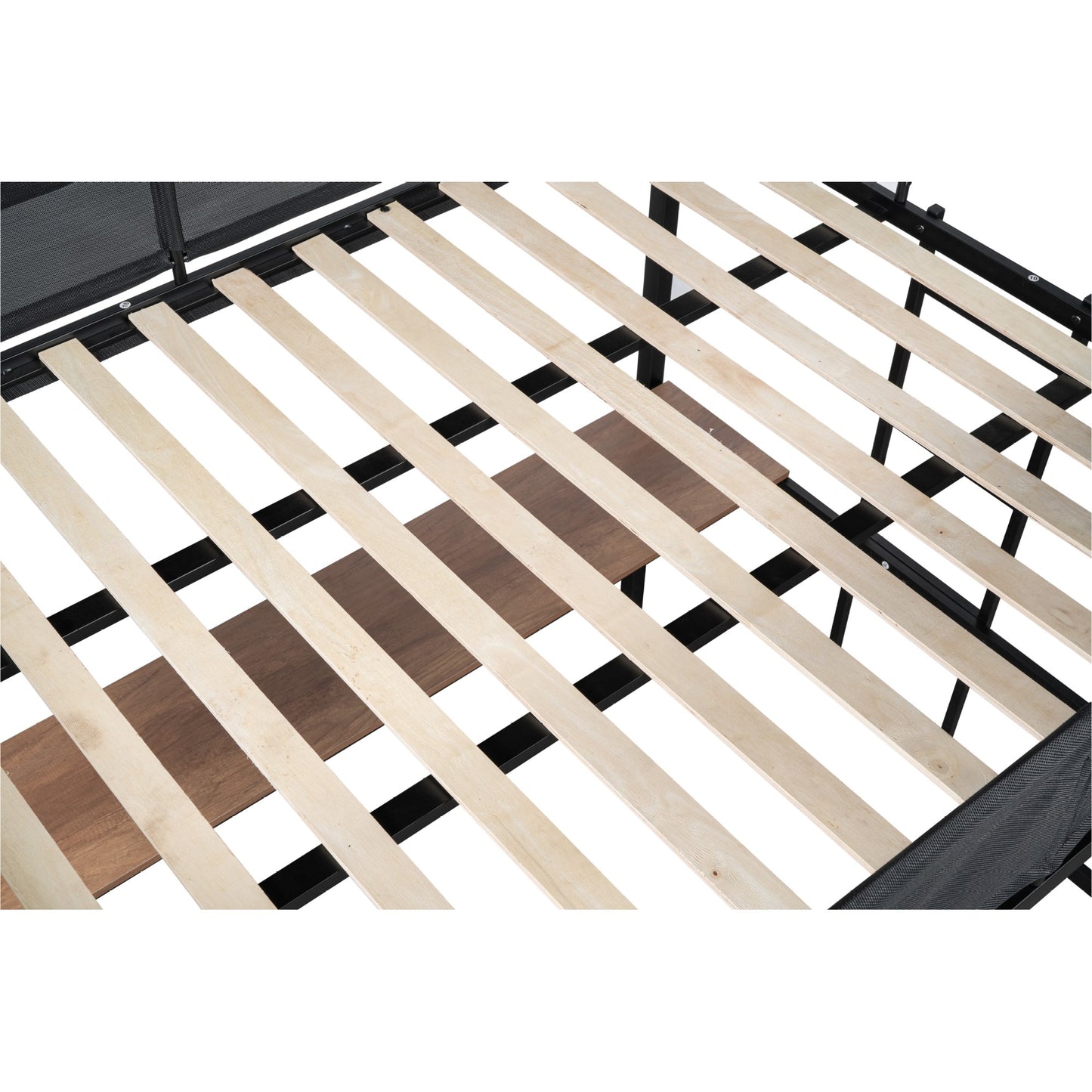 Metal Full Size Loft Bed with Desk & Shelves/ Sturdy Metal Bed Frame/ Noise-free Wood Slats/ Comfortable Textilene Guardrail/ Built-in Desk, 2-tier Shelves & Grid Panel/ 2 Side Ladders image 7