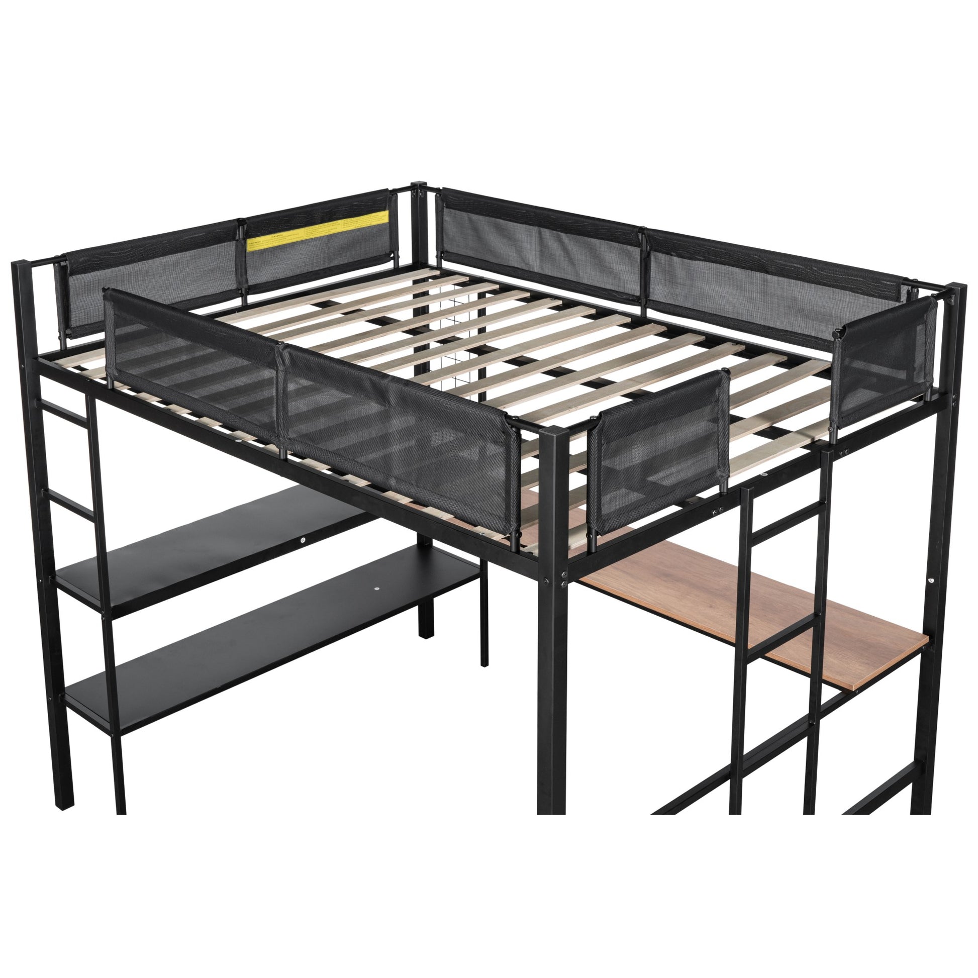Metal Full Size Loft Bed with Desk & Shelves/ Sturdy Metal Bed Frame/ Noise-free Wood Slats/ Comfortable Textilene Guardrail/ Built-in Desk, 2-tier Shelves & Grid Panel/ 2 Side Ladders image 6