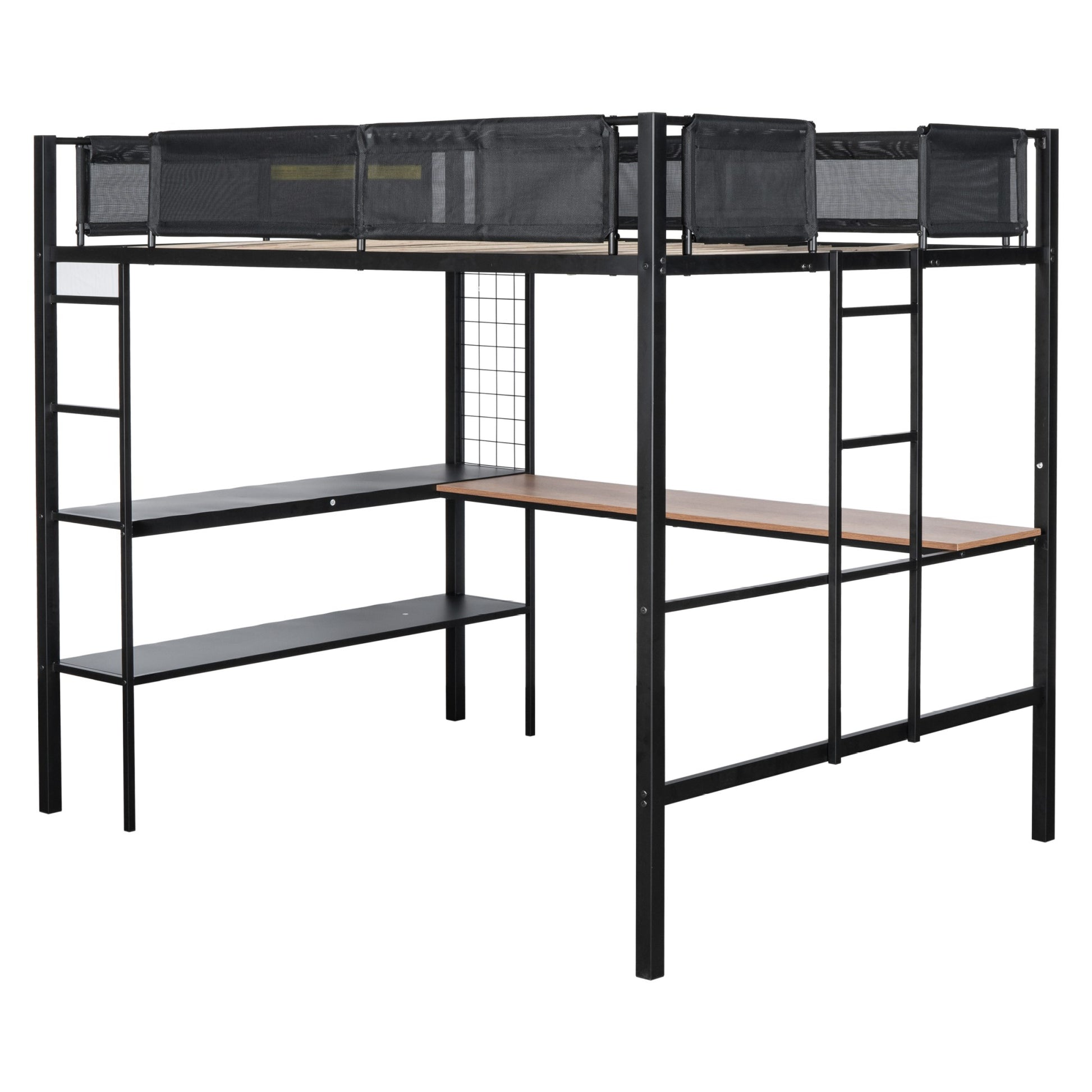 Metal Full Size Loft Bed with Desk & Shelves/ Sturdy Metal Bed Frame/ Noise-free Wood Slats/ Comfortable Textilene Guardrail/ Built-in Desk, 2-tier Shelves & Grid Panel/ 2 Side Ladders image 4