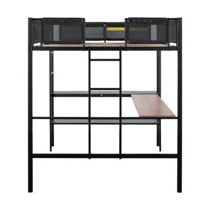 Metal Full Size Loft Bed with Desk & Shelves/ Sturdy Metal Bed Frame/ Noise-free Wood Slats/ Comfortable Textilene Guardrail/ Built-in Desk, 2-tier Shelves & Grid Panel/ 2 Side Ladders image 8