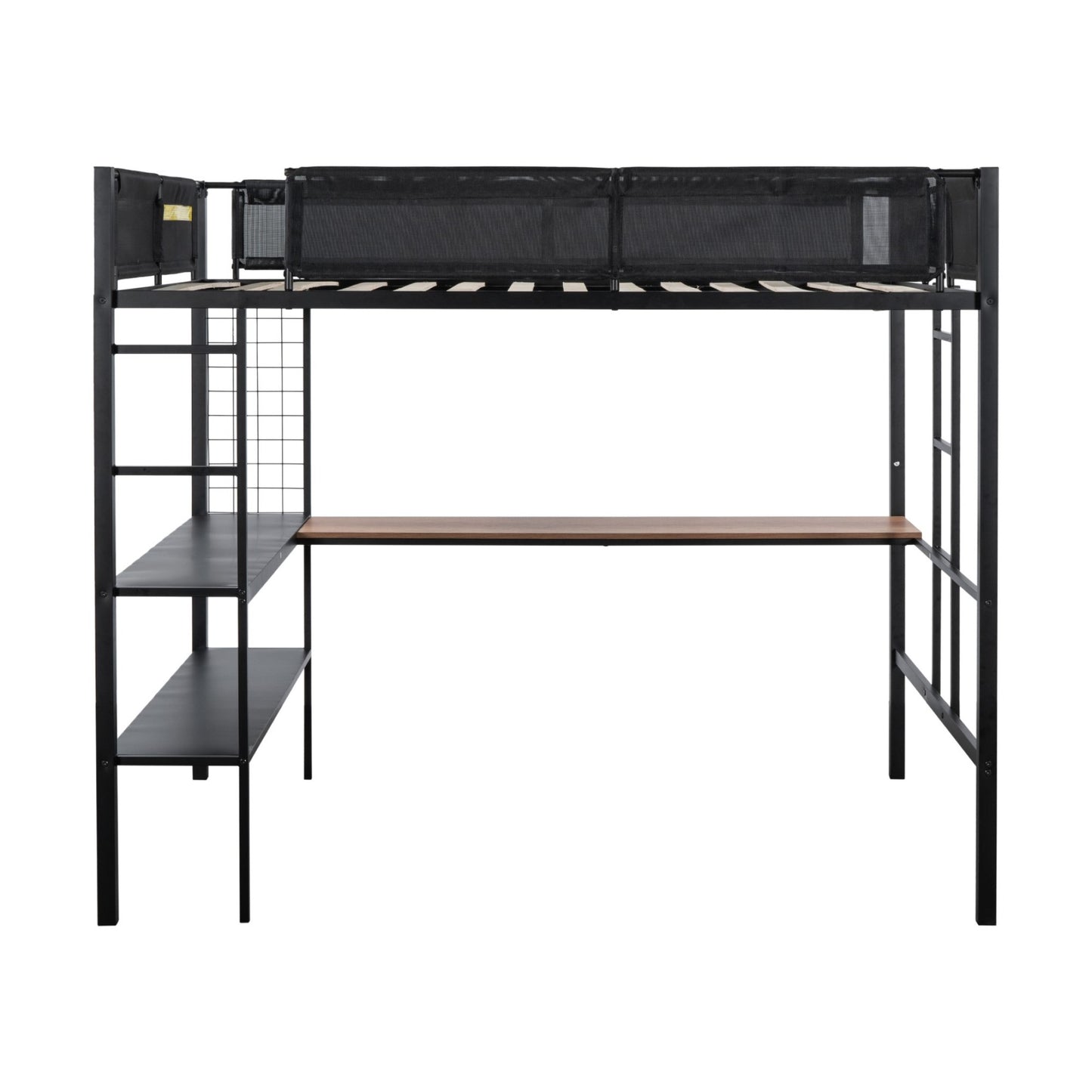 Metal Full Size Loft Bed with Desk & Shelves/ Sturdy Metal Bed Frame/ Noise-free Wood Slats/ Comfortable Textilene Guardrail/ Built-in Desk, 2-tier Shelves & Grid Panel/ 2 Side Ladders image 11