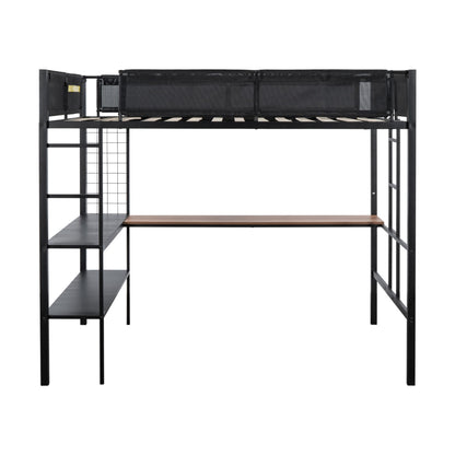 Metal Full Size Loft Bed with Desk & Shelves/ Sturdy Metal Bed Frame/ Noise-free Wood Slats/ Comfortable Textilene Guardrail/ Built-in Desk, 2-tier Shelves & Grid Panel/ 2 Side Ladders image 11