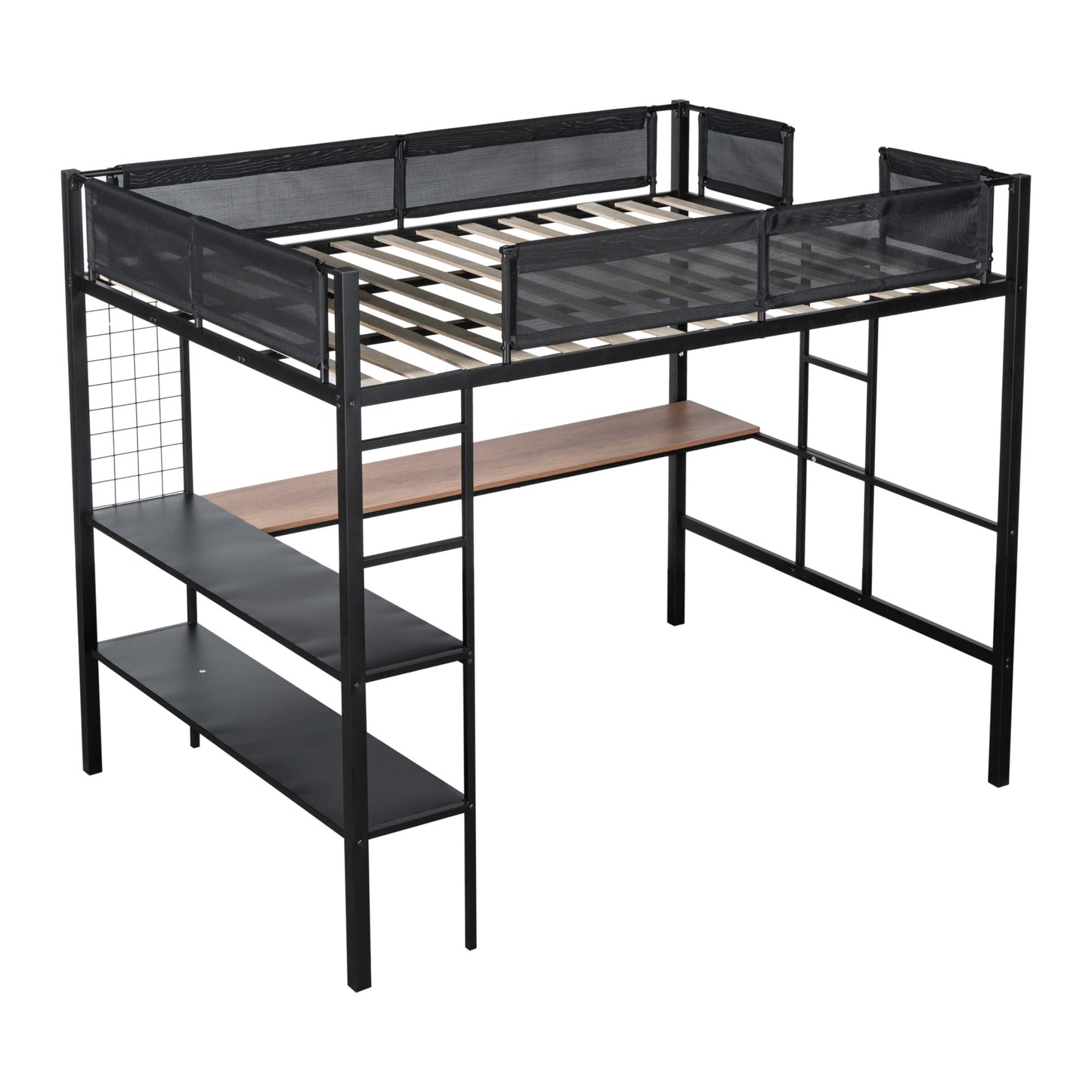 Metal Full Size Loft Bed with Desk & Shelves/ Sturdy Metal Bed Frame/ Noise-free Wood Slats/ Comfortable Textilene Guardrail/ Built-in Desk, 2-tier Shelves & Grid Panel/ 2 Side Ladders image 9