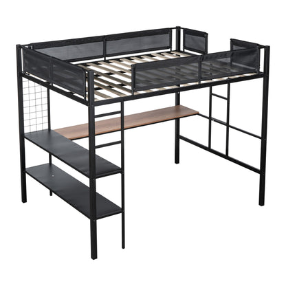 Metal Full Size Loft Bed with Desk & Shelves/ Sturdy Metal Bed Frame/ Noise-free Wood Slats/ Comfortable Textilene Guardrail/ Built-in Desk, 2-tier Shelves & Grid Panel/ 2 Side Ladders image 9