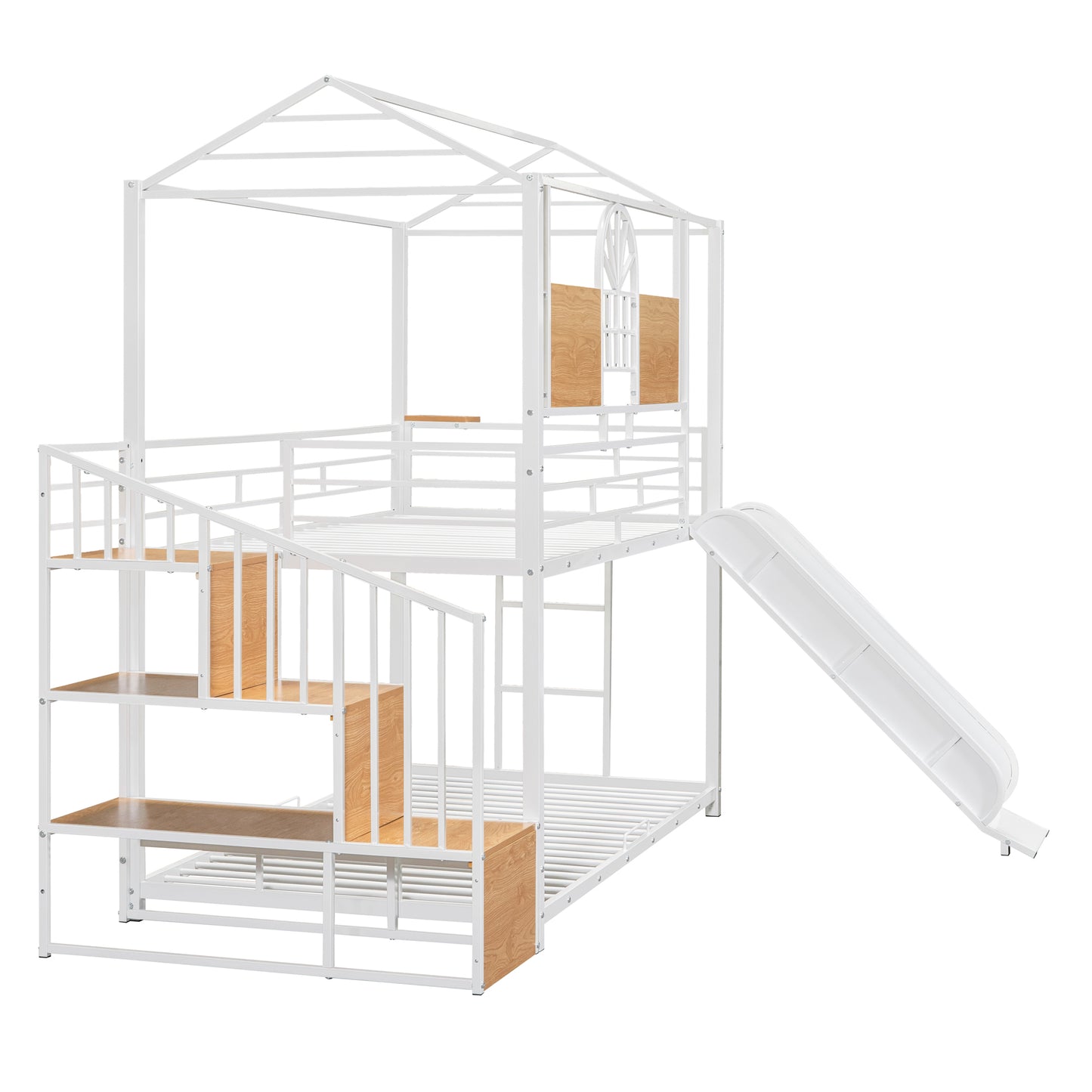 Twin Over Twin Metal Bunk Bed, Metal Housebed with Slide and Storage Stair, White with White Slide(OLD SKU: SF000195AAK) image 8