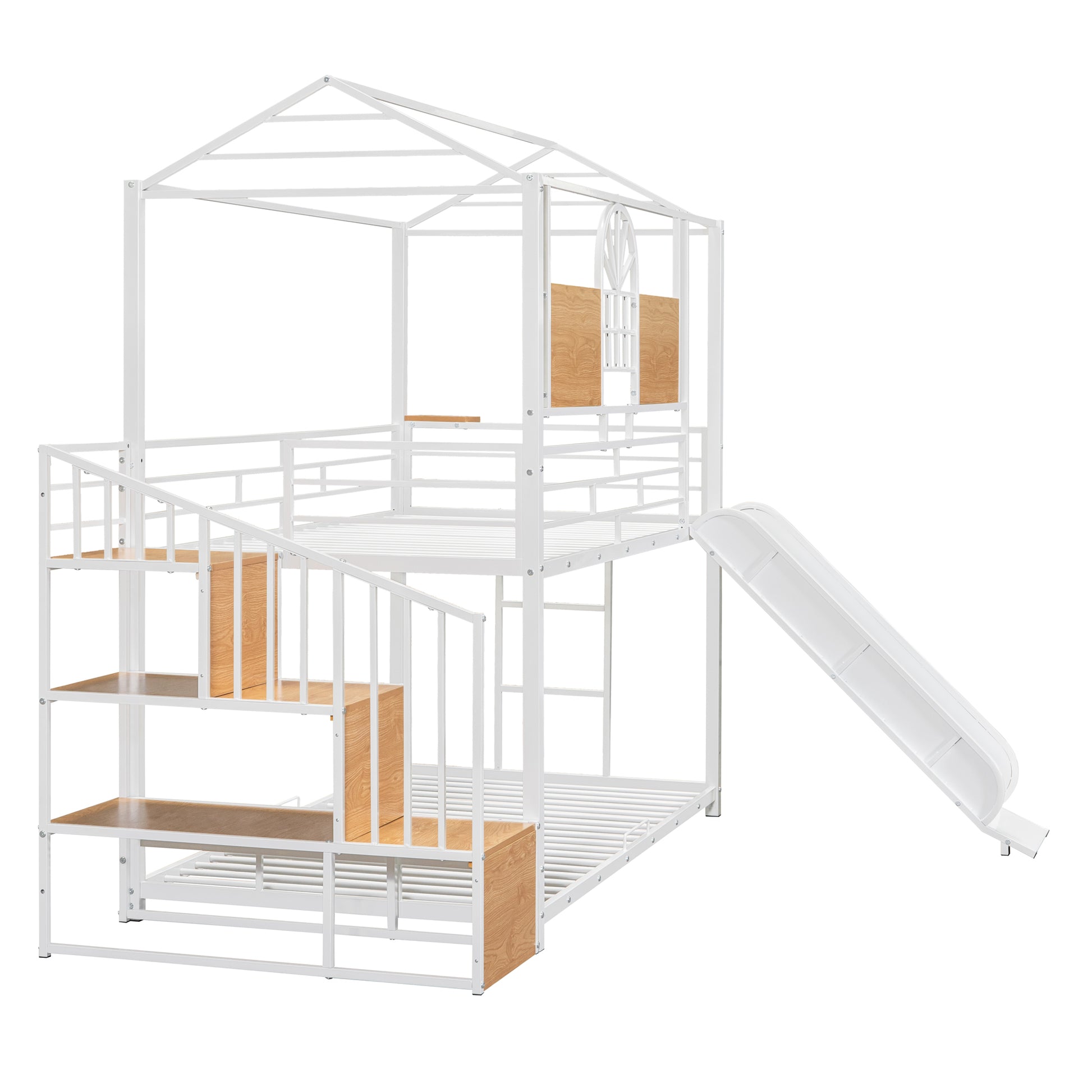 Twin Over Twin Metal Bunk Bed, Metal Housebed with Slide and Storage Stair, White with White Slide(OLD SKU: SF000195AAK) image 8
