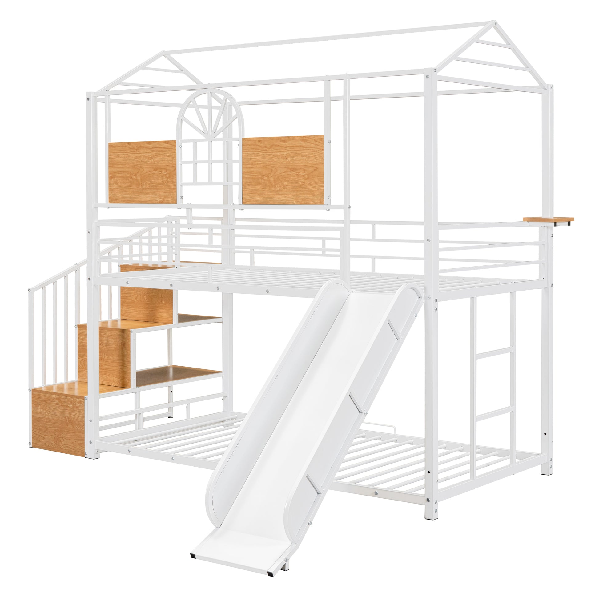 Twin Over Twin Metal Bunk Bed, Metal Housebed with Slide and Storage Stair, White with White Slide(OLD SKU: SF000195AAK) image 4