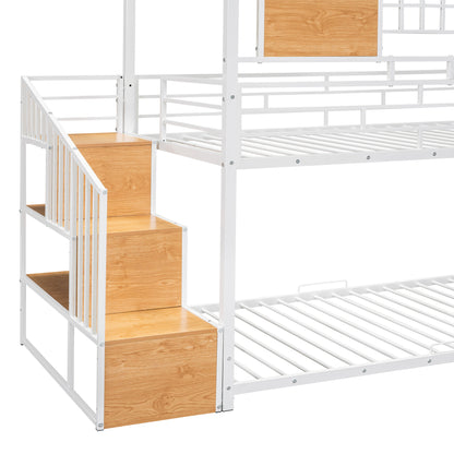 Twin Over Twin Metal Bunk Bed, Metal Housebed with Slide and Storage Stair, White with White Slide(OLD SKU: SF000195AAK) image 11