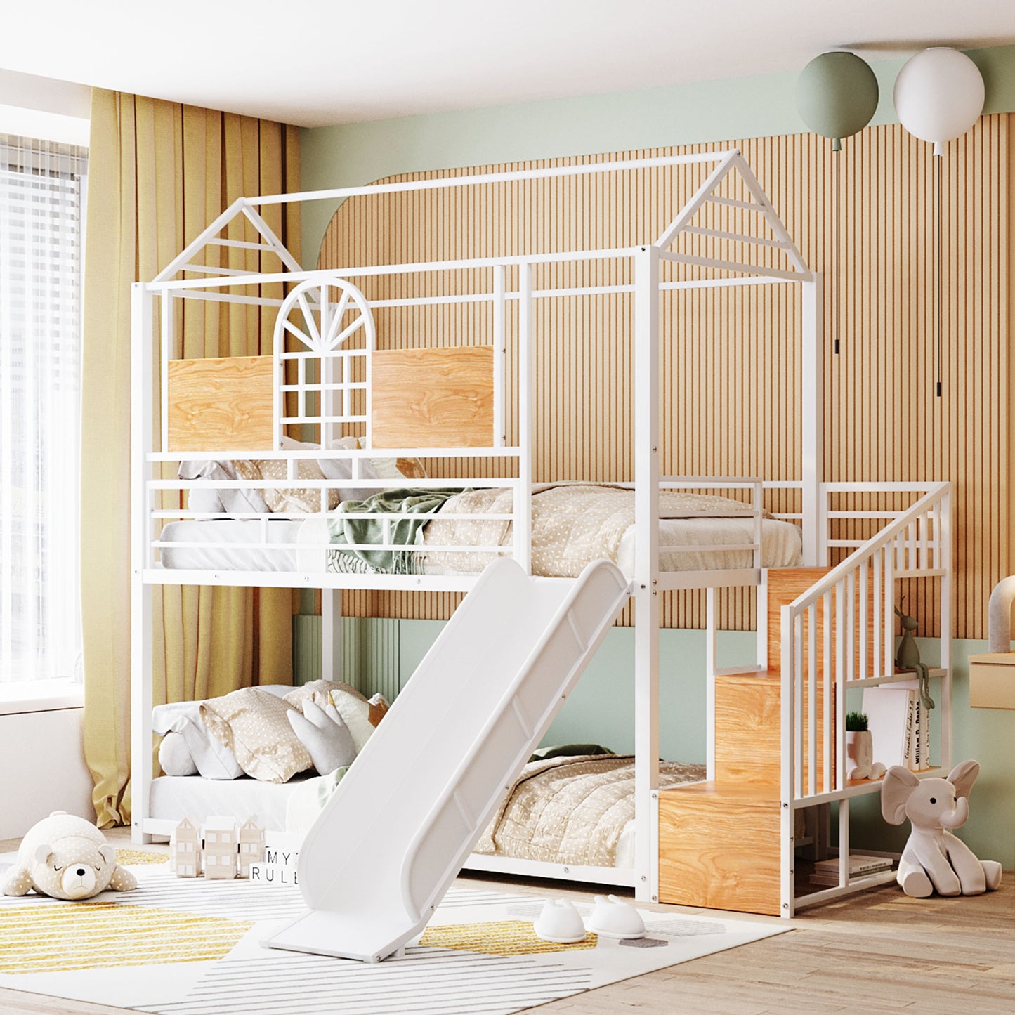 Twin Over Twin Metal Bunk Bed, Metal Housebed with Slide and Storage Stair, White with White Slide(OLD SKU: SF000195AAK) image 3