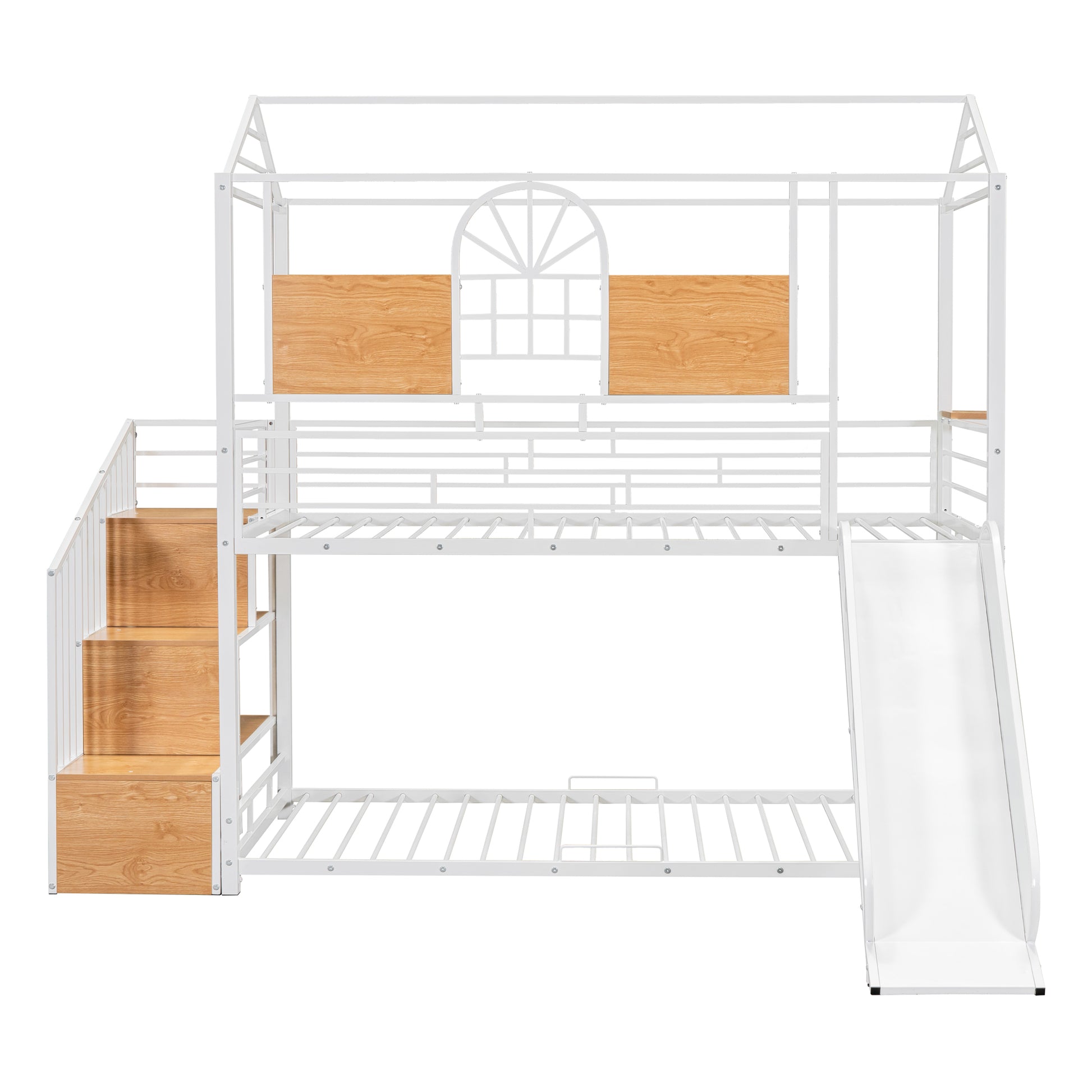 Twin Over Twin Metal Bunk Bed, Metal Housebed with Slide and Storage Stair, White with White Slide(OLD SKU: SF000195AAK) image 5