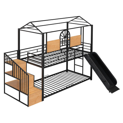 Twin Over Twin Metal Bunk Bed, Metal Housebed with Slide and Storage Stair, Black with Black Slide(OLD SKU: SF000195AAB) image 4