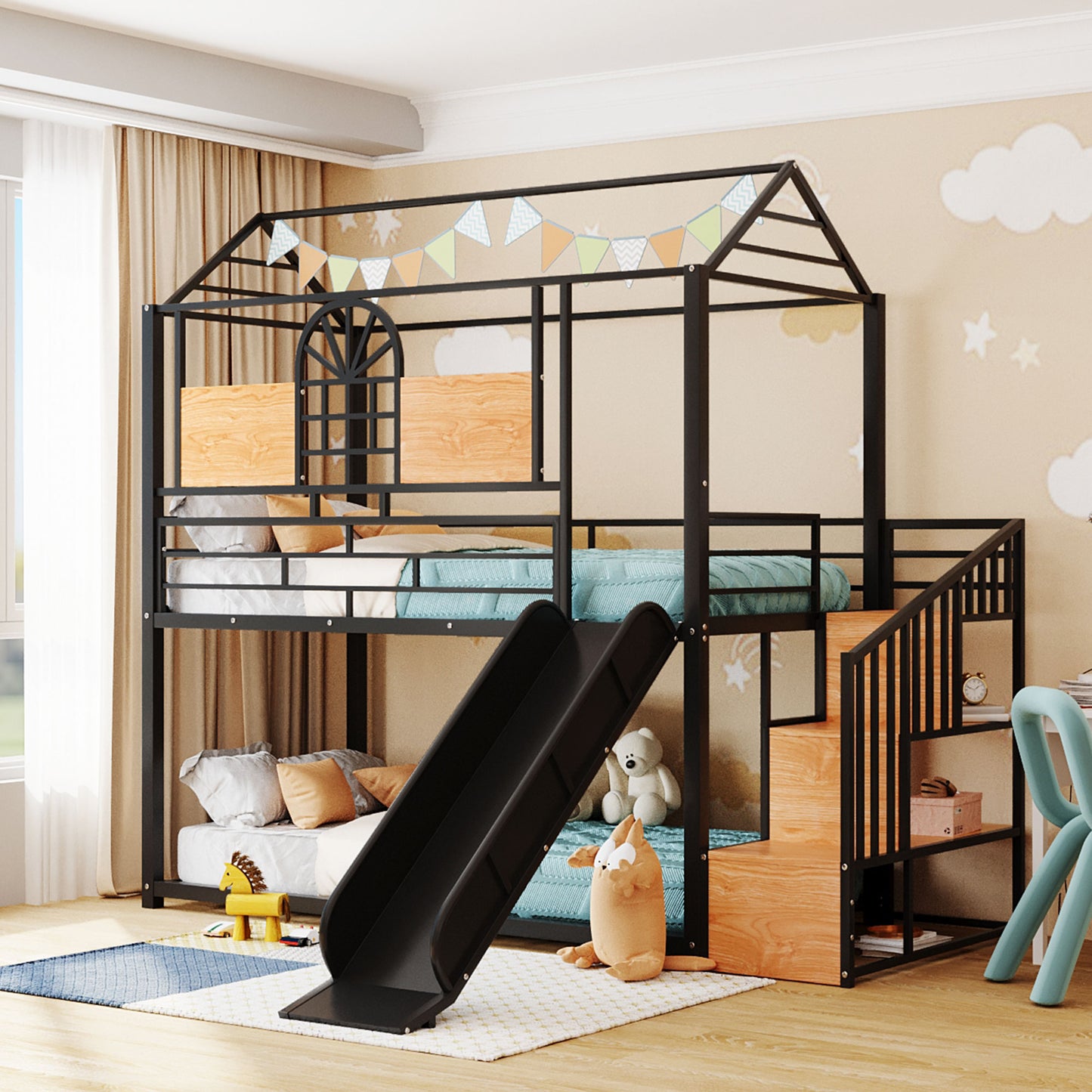 Twin Over Twin Metal Bunk Bed, Metal Housebed with Slide and Storage Stair, Black with Black Slide(OLD SKU: SF000195AAB) image 3
