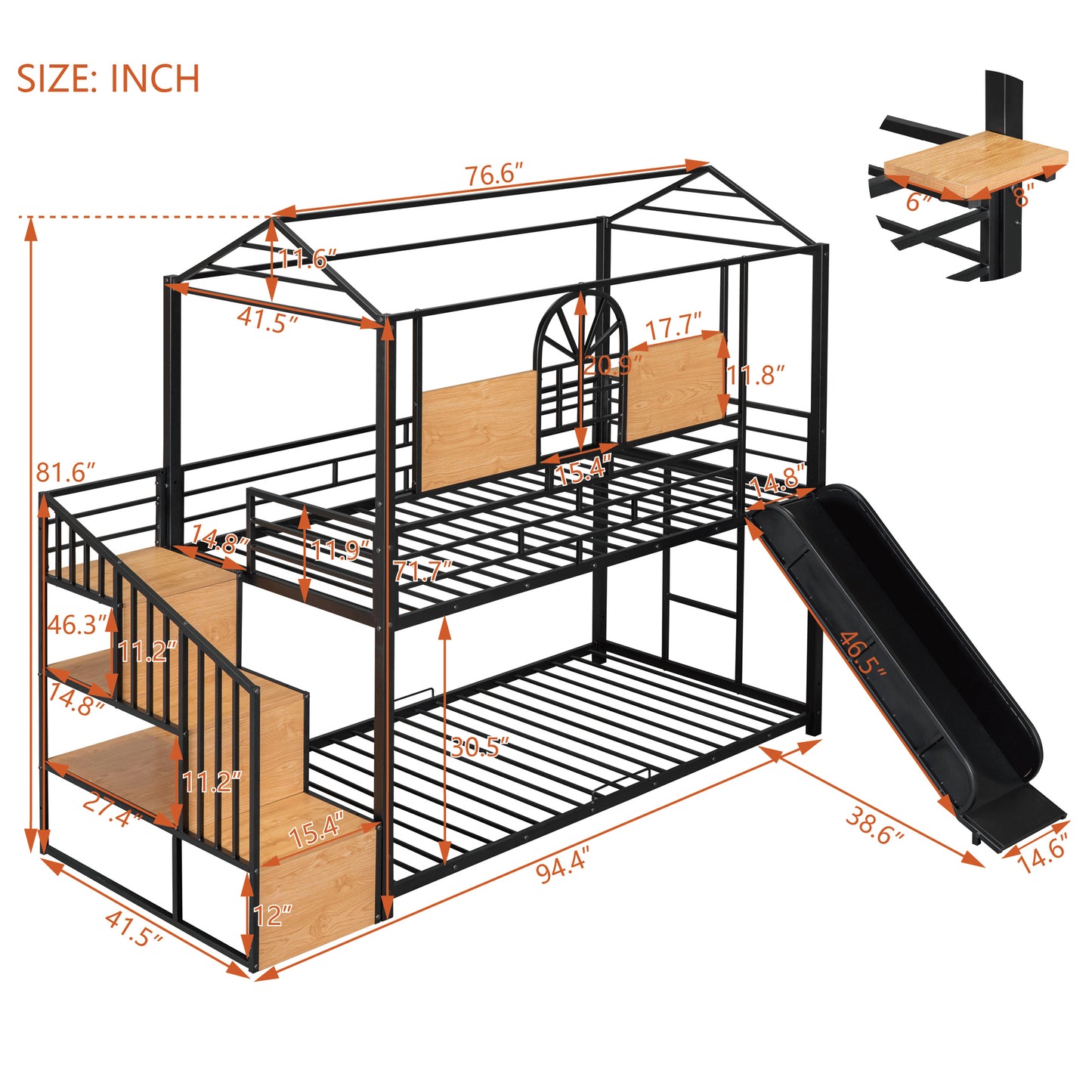 Twin Over Twin Metal Bunk Bed, Metal Housebed with Slide and Storage Stair, Black with Black Slide(OLD SKU: SF000195AAB) image 8