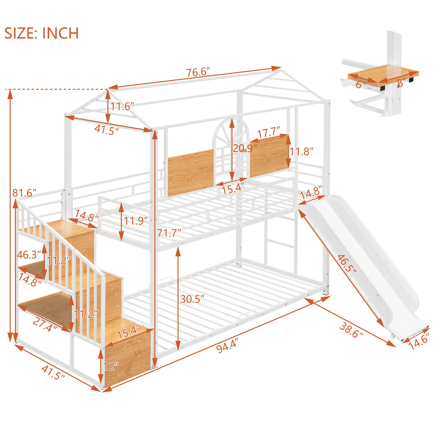 Twin Over Twin Metal Bunk Bed, Metal Housebed with Slide and Storage Stair, White with White Slide(OLD SKU: SF000195AAK) image 7