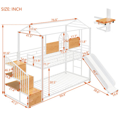 Twin Over Twin Metal Bunk Bed, Metal Housebed with Slide and Storage Stair, White with White Slide(OLD SKU: SF000195AAK) image 7