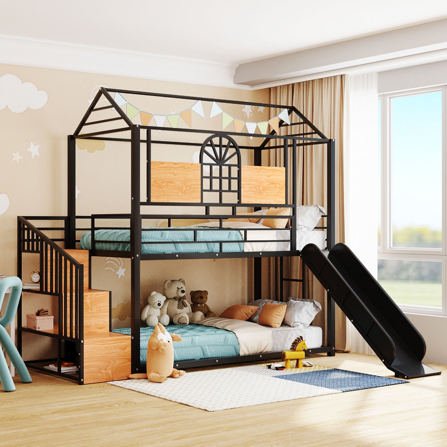 Twin Over Twin Metal Bunk Bed, Metal Housebed with Slide and Storage Stair, Black with Black Slide(OLD SKU: SF000195AAB) image 1