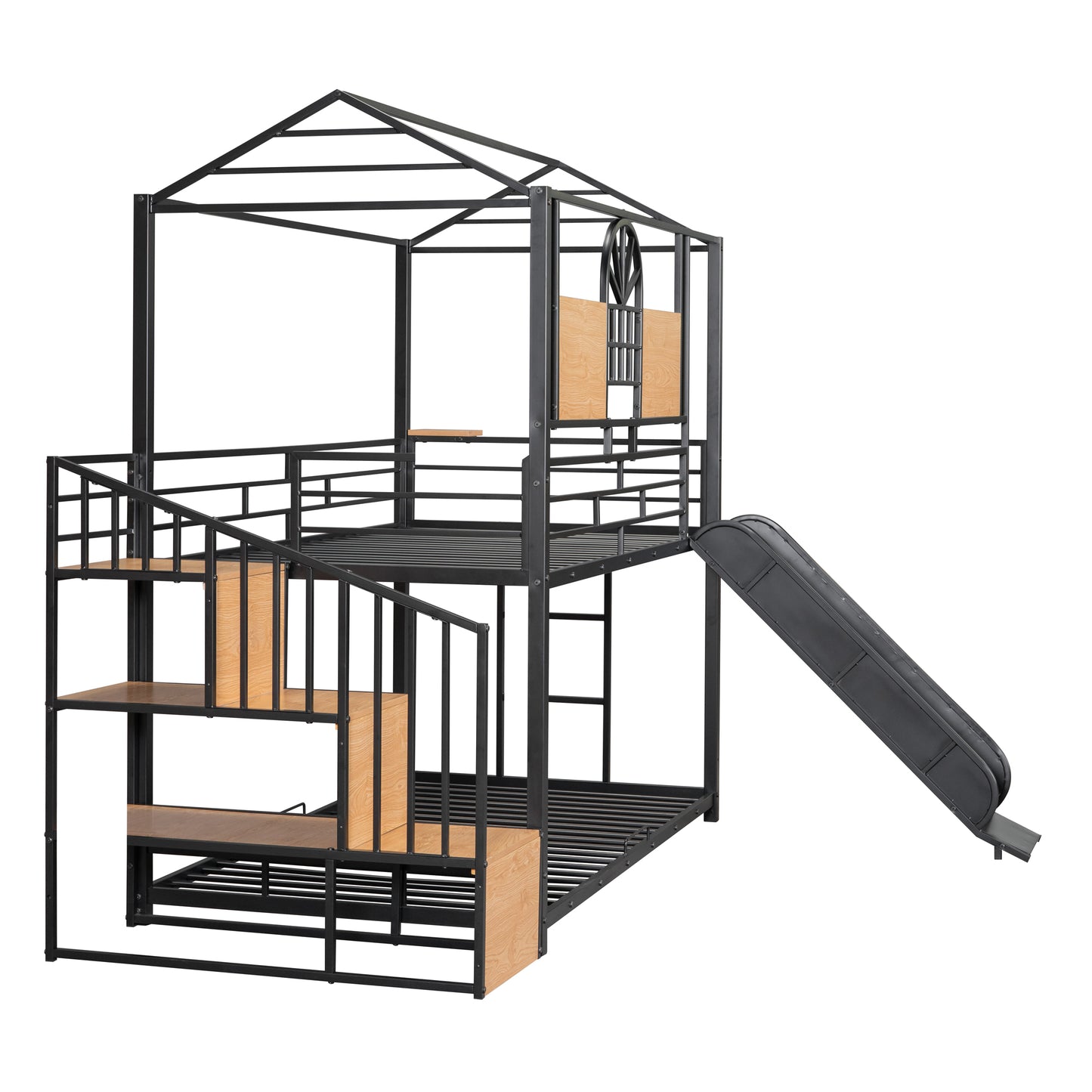 Twin Over Twin Metal Bunk Bed, Metal Housebed with Slide and Storage Stair, Black with Black Slide(OLD SKU: SF000195AAB) image 7