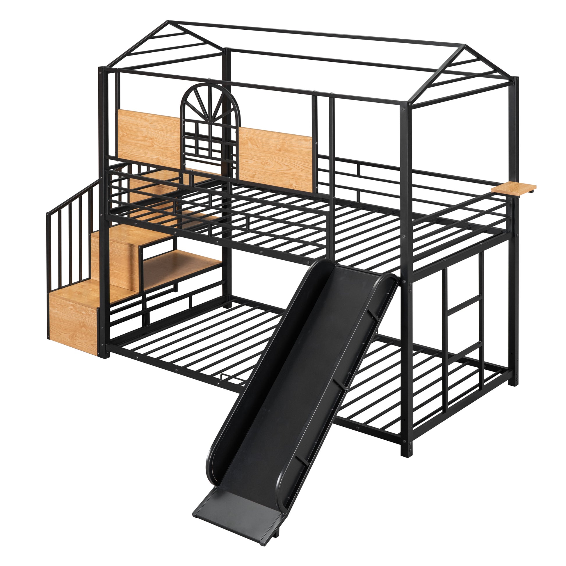 Twin Over Twin Metal Bunk Bed, Metal Housebed with Slide and Storage Stair, Black with Black Slide(OLD SKU: SF000195AAB) image 6