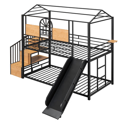 Twin Over Twin Metal Bunk Bed, Metal Housebed with Slide and Storage Stair, Black with Black Slide(OLD SKU: SF000195AAB) image 6