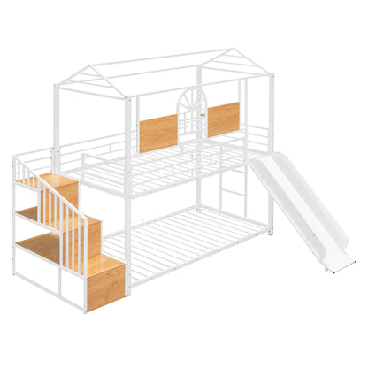 Twin Over Twin Metal Bunk Bed, Metal Housebed with Slide and Storage Stair, White with White Slide(OLD SKU: SF000195AAK) image 6