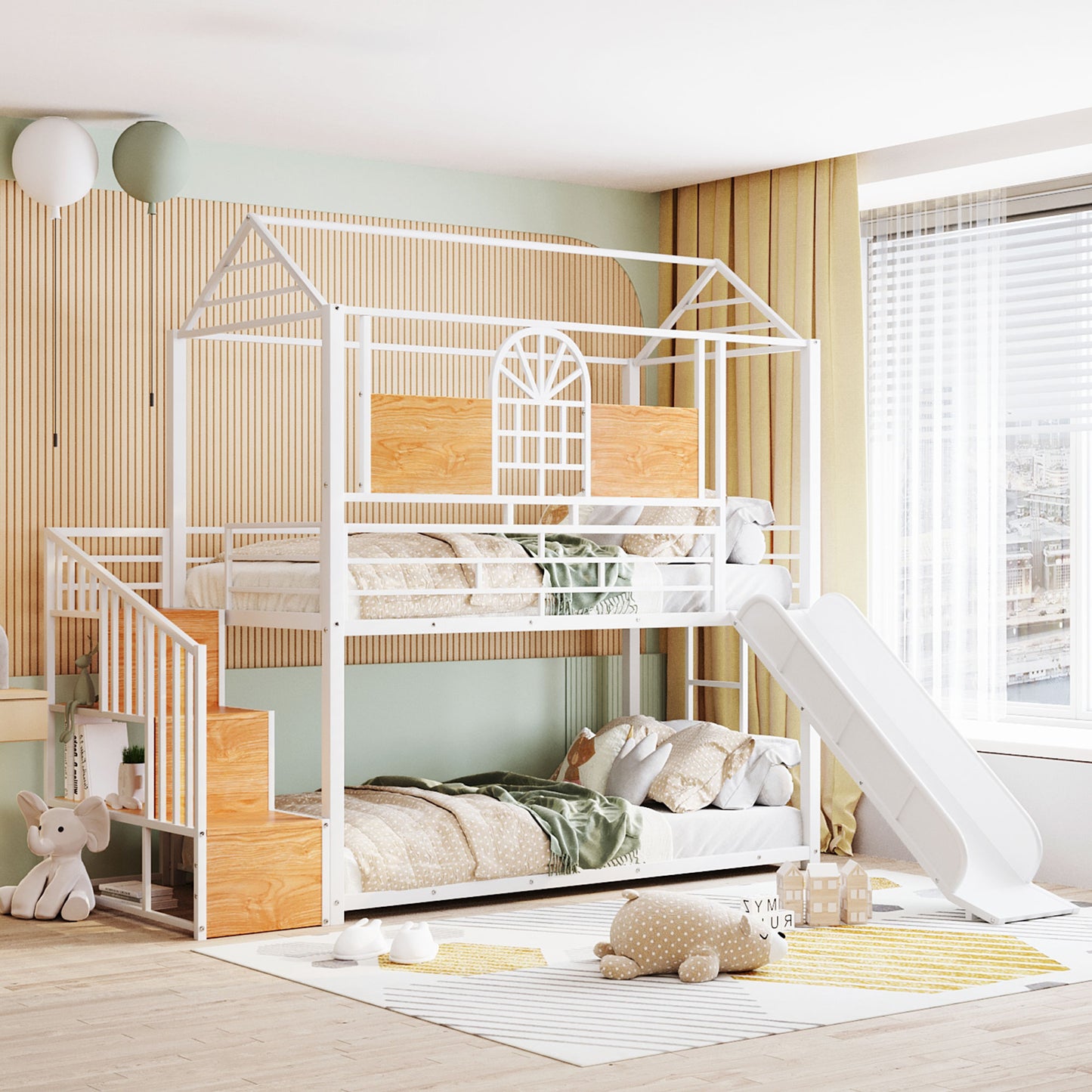 Twin Over Twin Metal Bunk Bed, Metal Housebed with Slide and Storage Stair, White with White Slide(OLD SKU: SF000195AAK) image 1