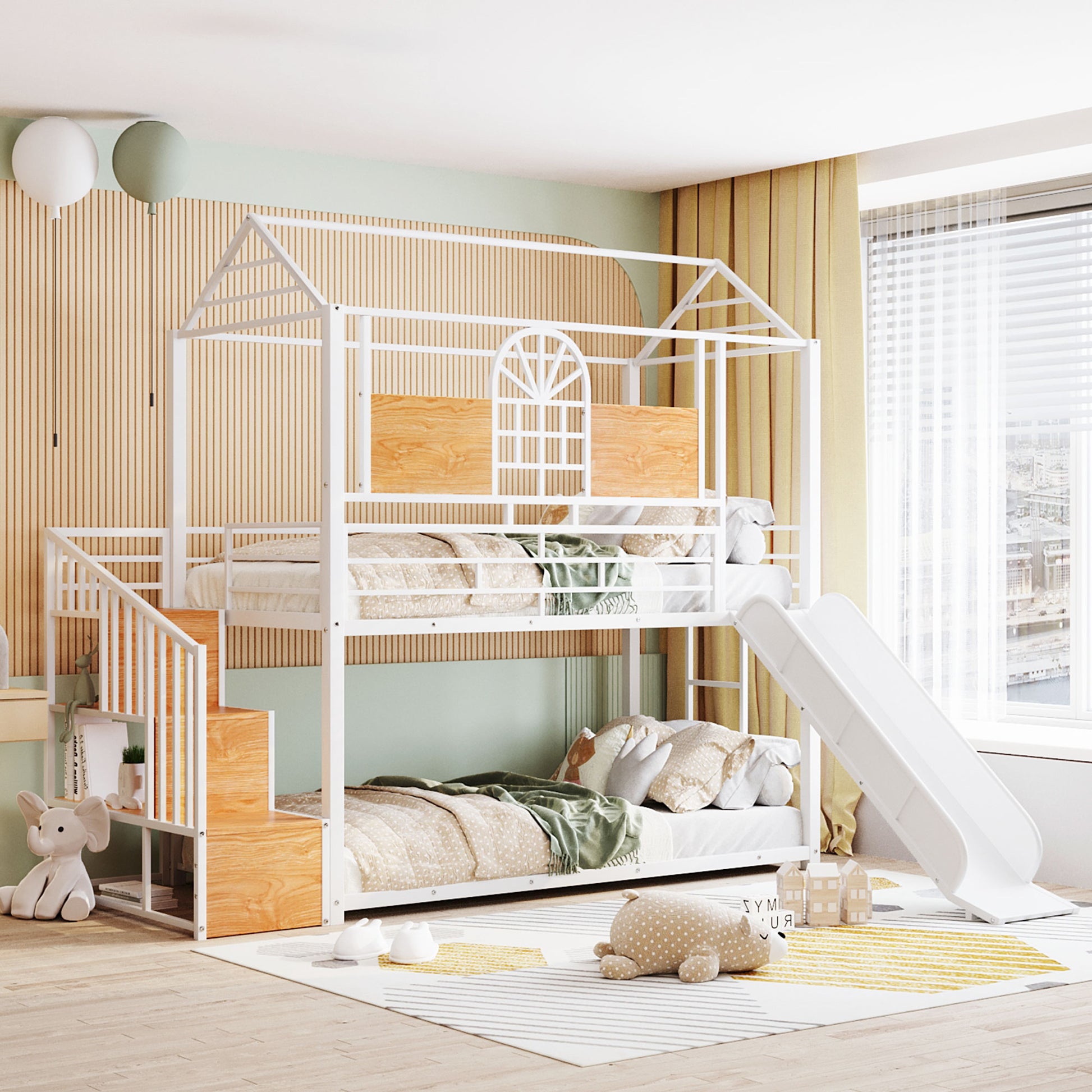 Twin Over Twin Metal Bunk Bed, Metal Housebed with Slide and Storage Stair, White with White Slide(OLD SKU: SF000195AAK) image 1