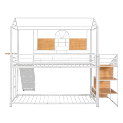 Twin Over Twin Metal Bunk Bed, Metal Housebed with Slide and Storage Stair, White with White Slide(OLD SKU: SF000195AAK) image 10