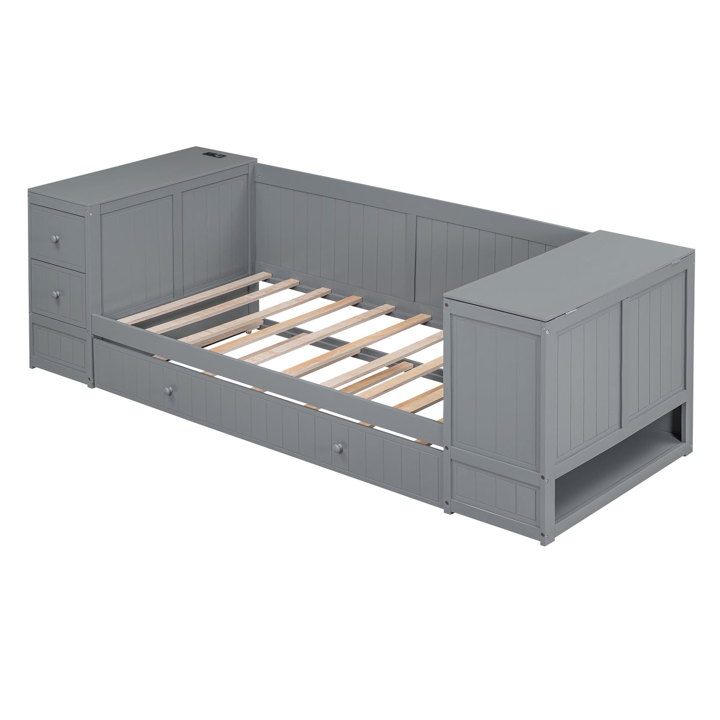 Twin Size Daybed with Storage Arms, Trundle and Charging Station, Gray image 10