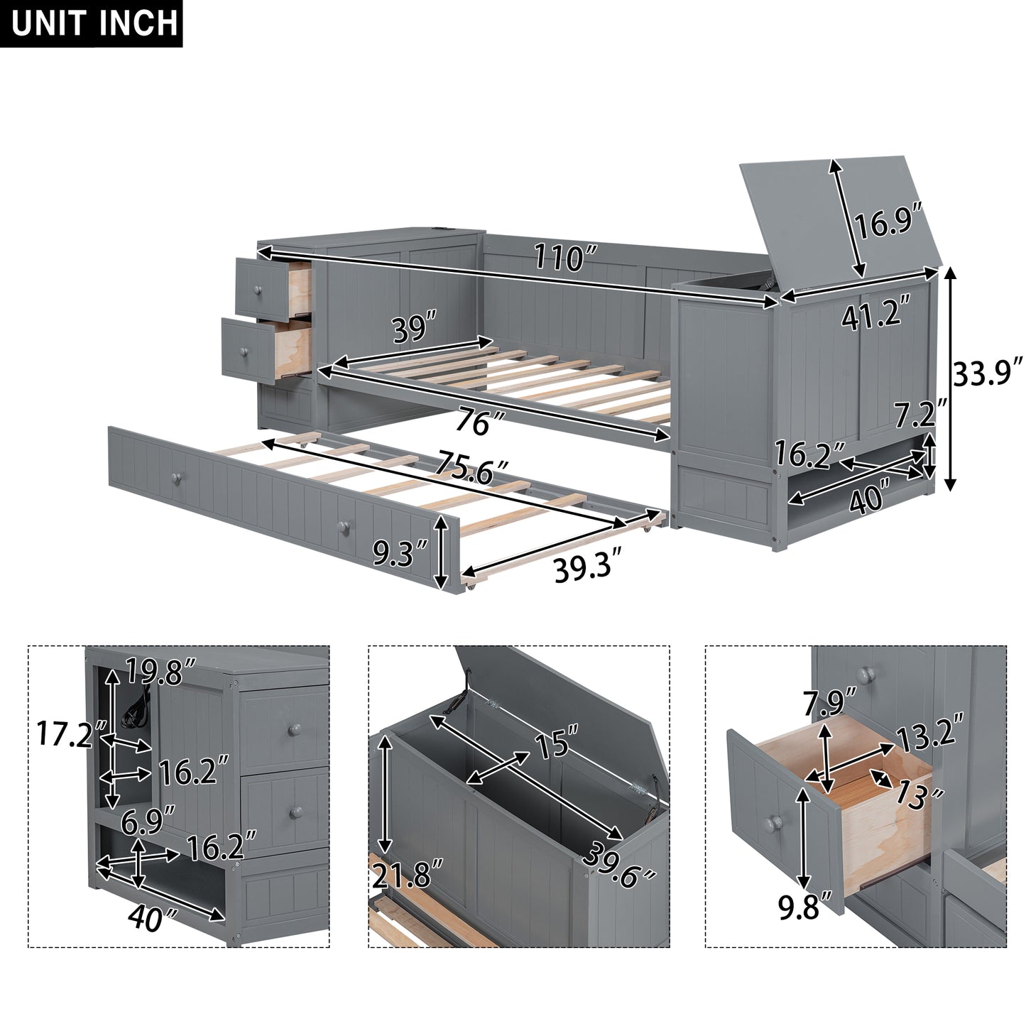Twin Size Daybed with Storage Arms, Trundle and Charging Station, Gray image 8
