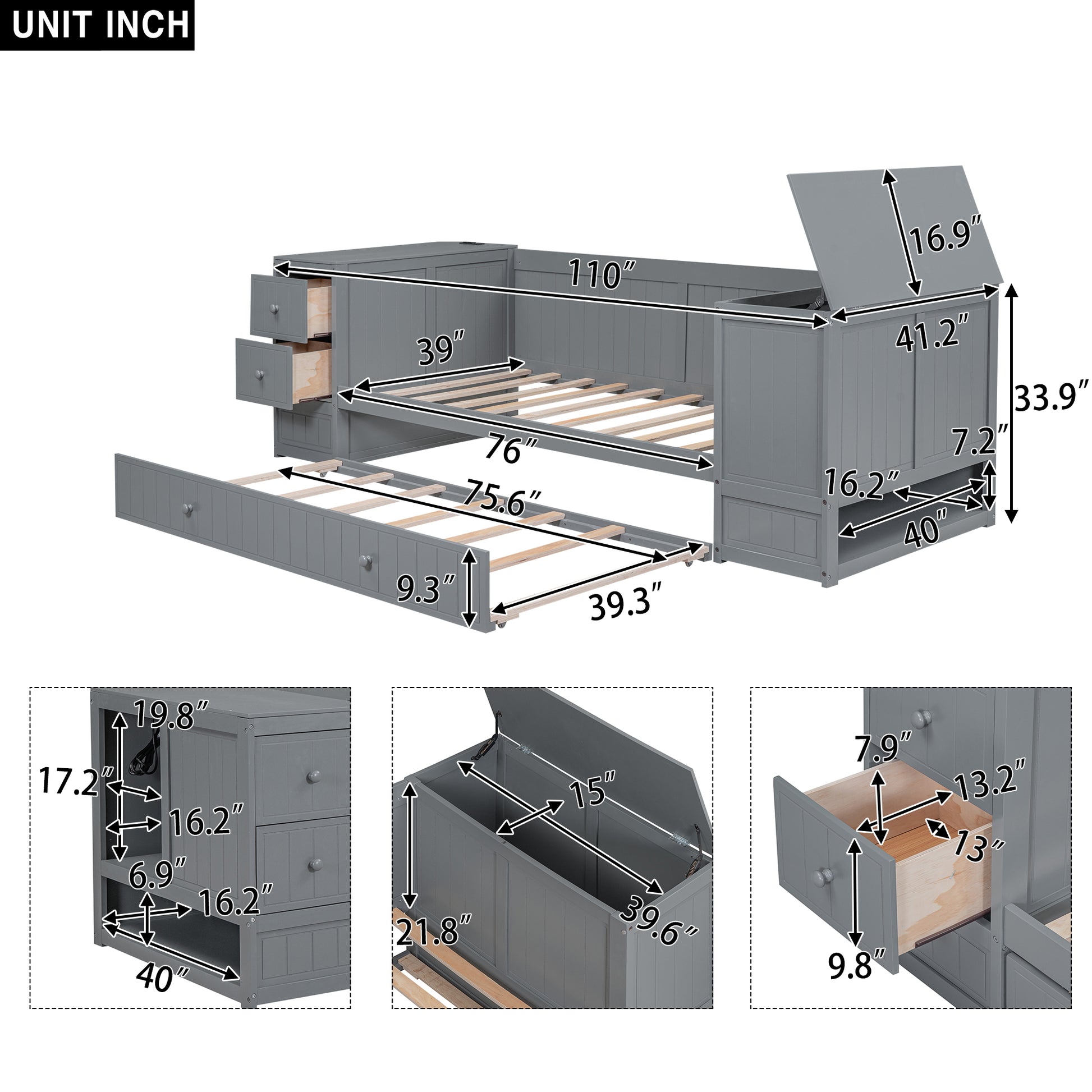 Twin Size Daybed with Storage Arms, Trundle and Charging Station, Gray image 8