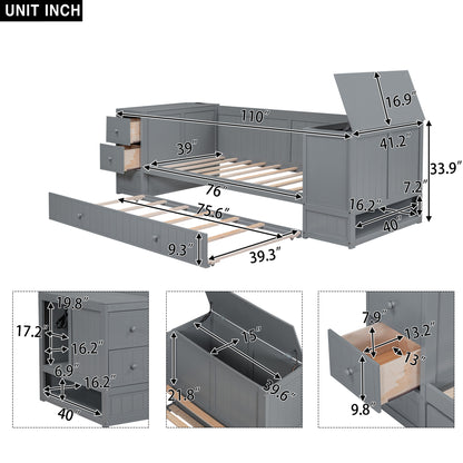 Twin Size Daybed with Storage Arms, Trundle and Charging Station, Gray image 8