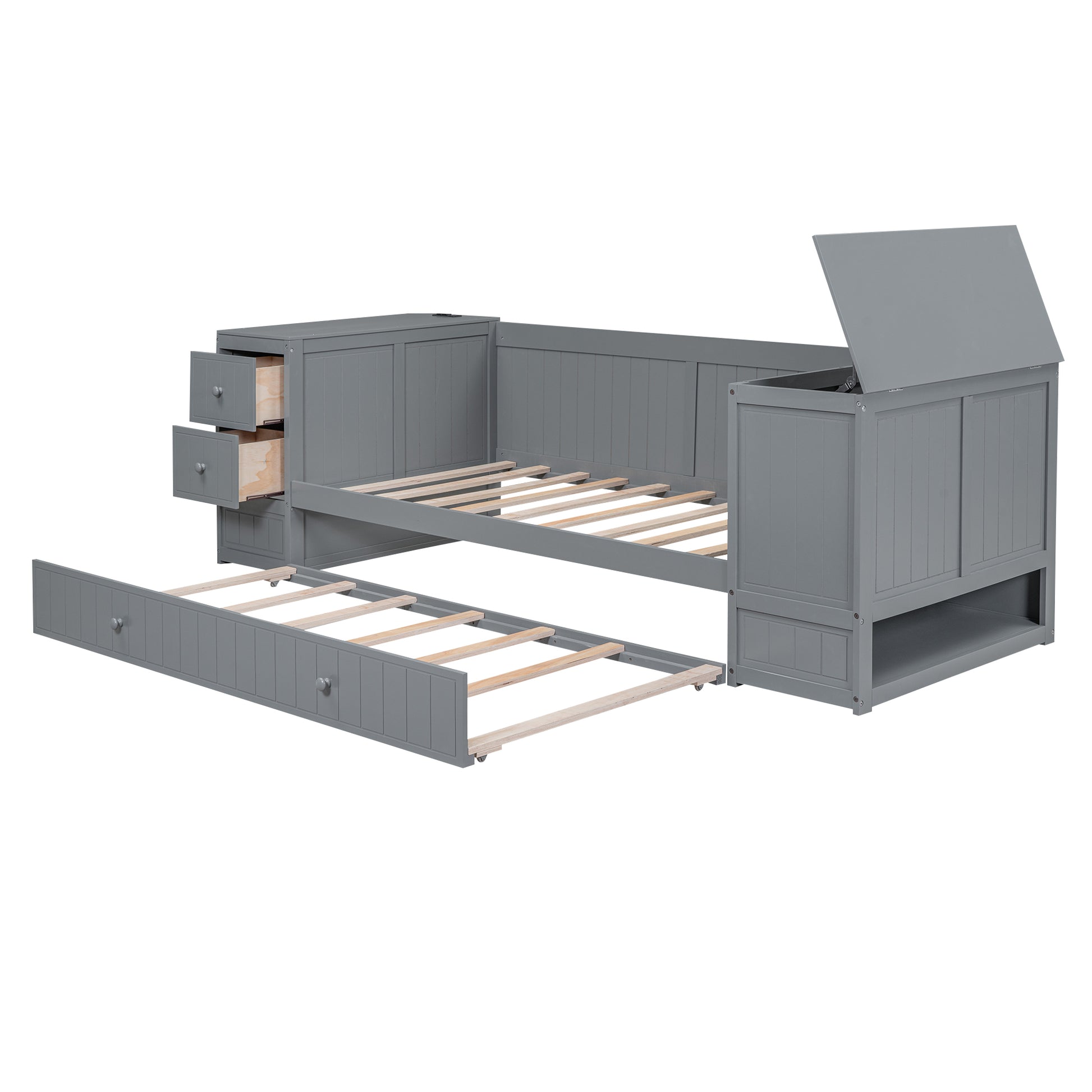 Twin Size Daybed with Storage Arms, Trundle and Charging Station, Gray image 9