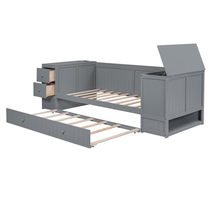Twin Size Daybed with Storage Arms, Trundle and Charging Station, Gray image 9