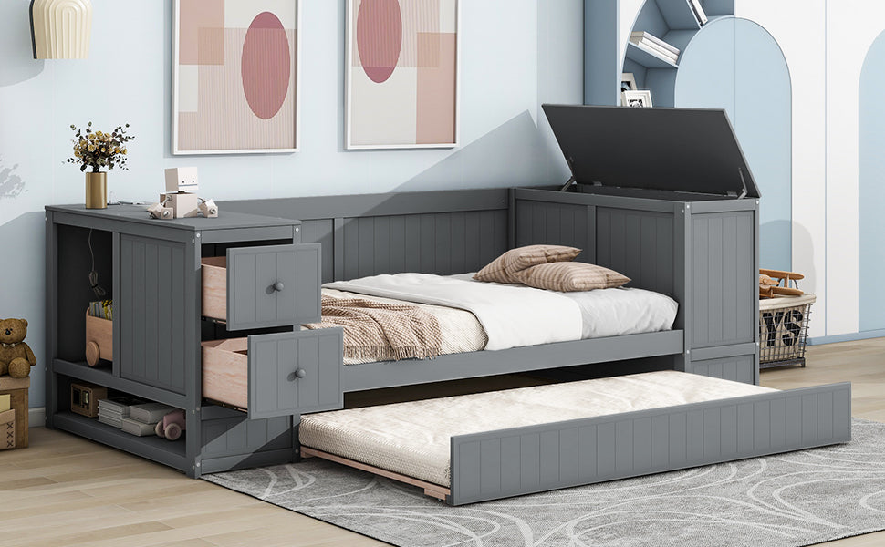 Twin Size Daybed with Storage Arms, Trundle and Charging Station, Gray image 6