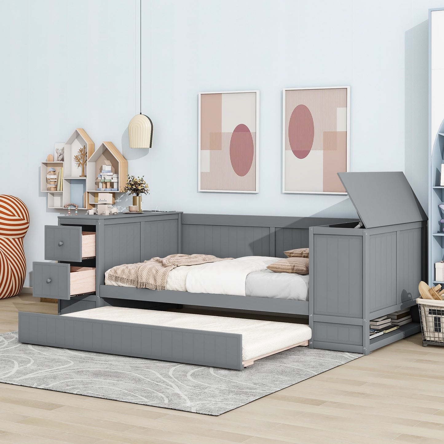 Twin Size Daybed with Storage Arms, Trundle and Charging Station, Gray image 5