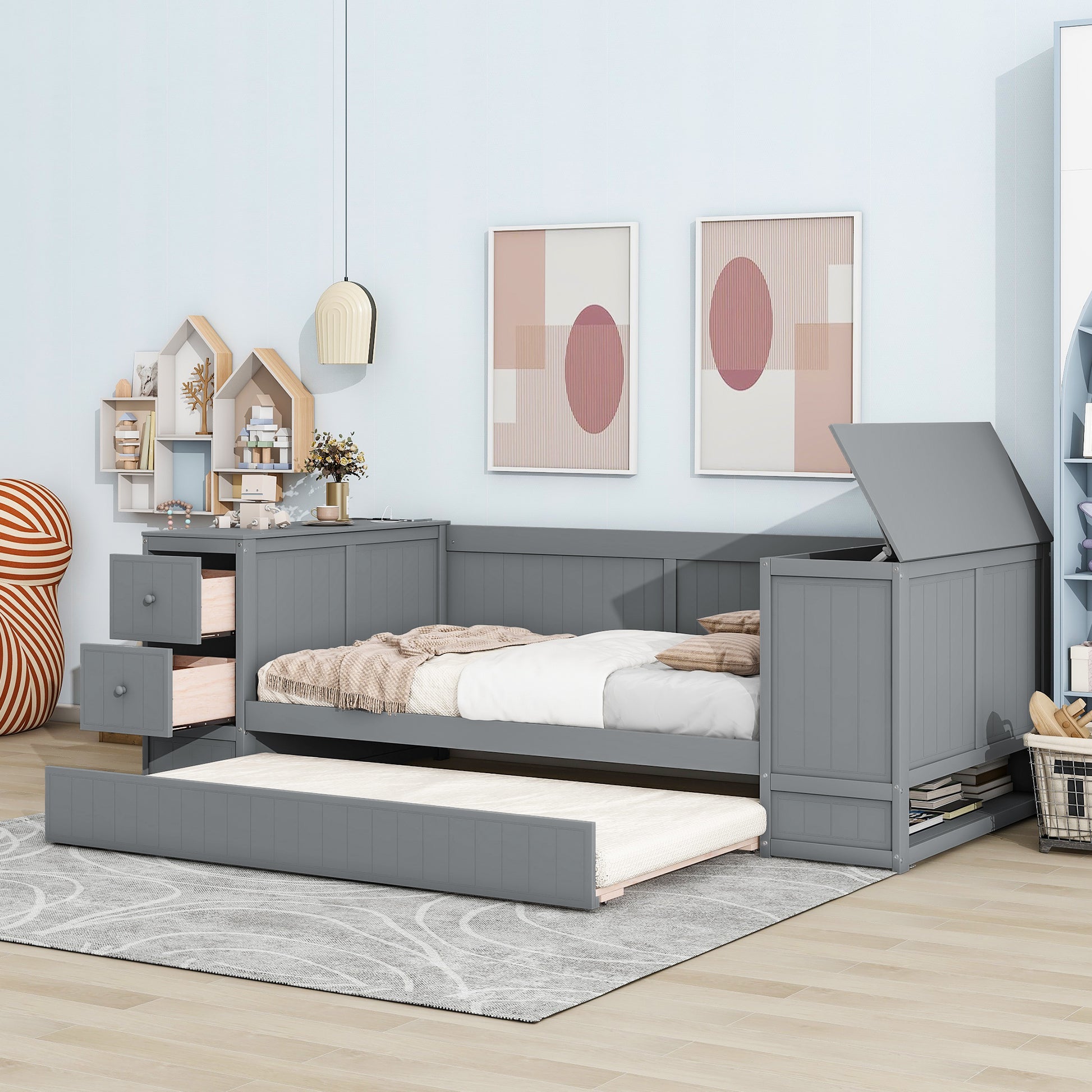 Twin Size Daybed with Storage Arms, Trundle and Charging Station, Gray image 5