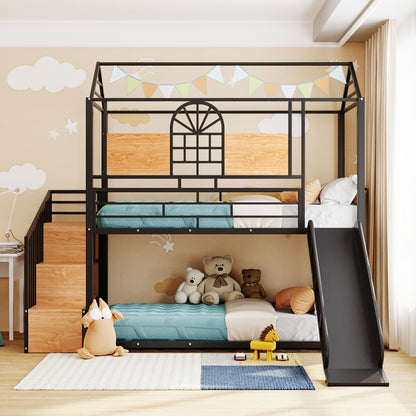 Twin Over Twin Metal Bunk Bed, Metal Housebed with Slide and Storage Stair, Black with Black Slide(OLD SKU: SF000195AAB) image 2