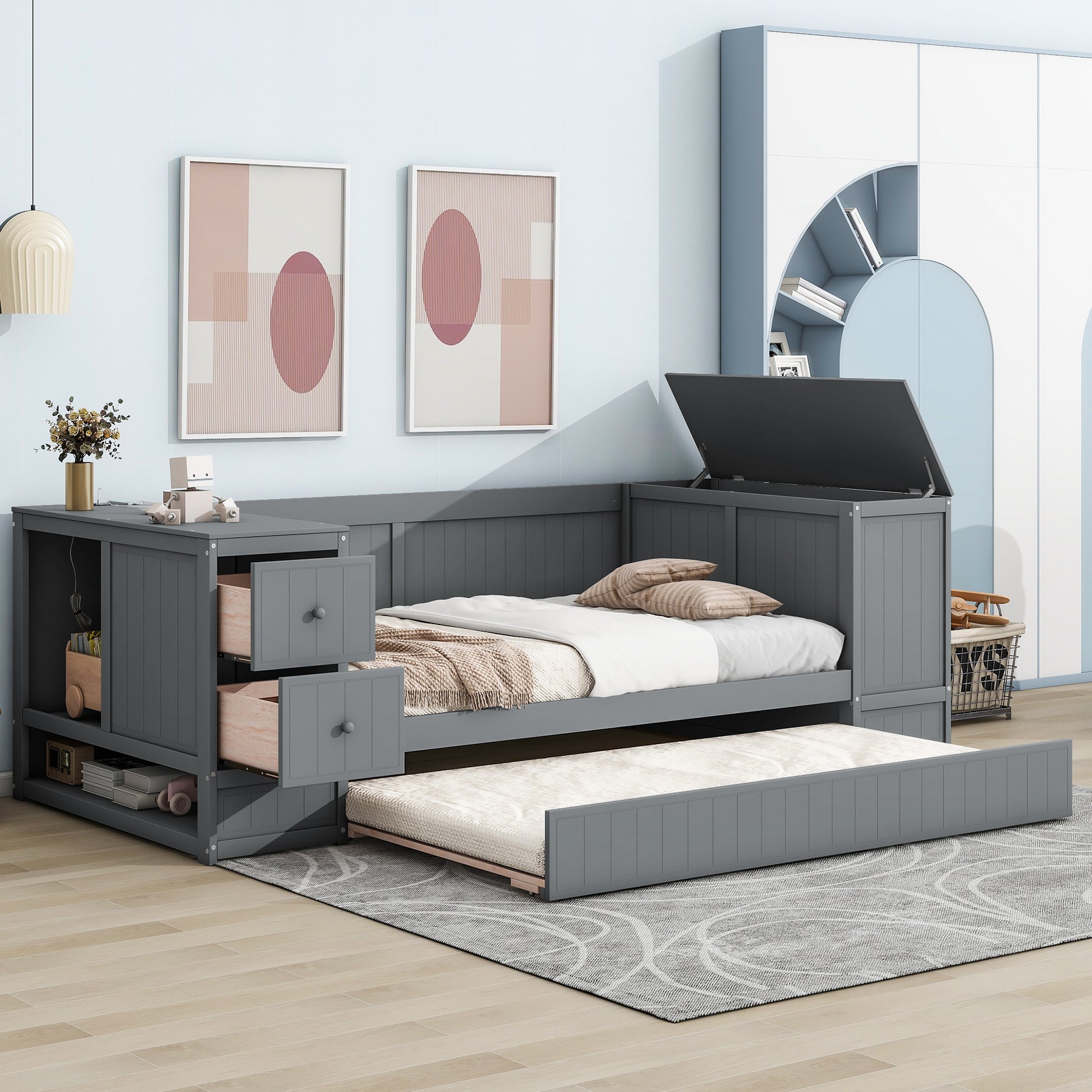 Twin Size Daybed with Storage Arms, Trundle and Charging Station, Gray image 4