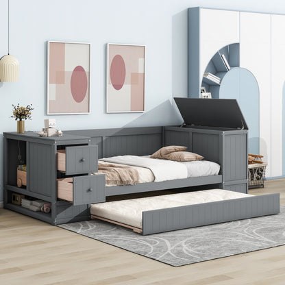 Twin Size Daybed with Storage Arms, Trundle and Charging Station, Gray image 4