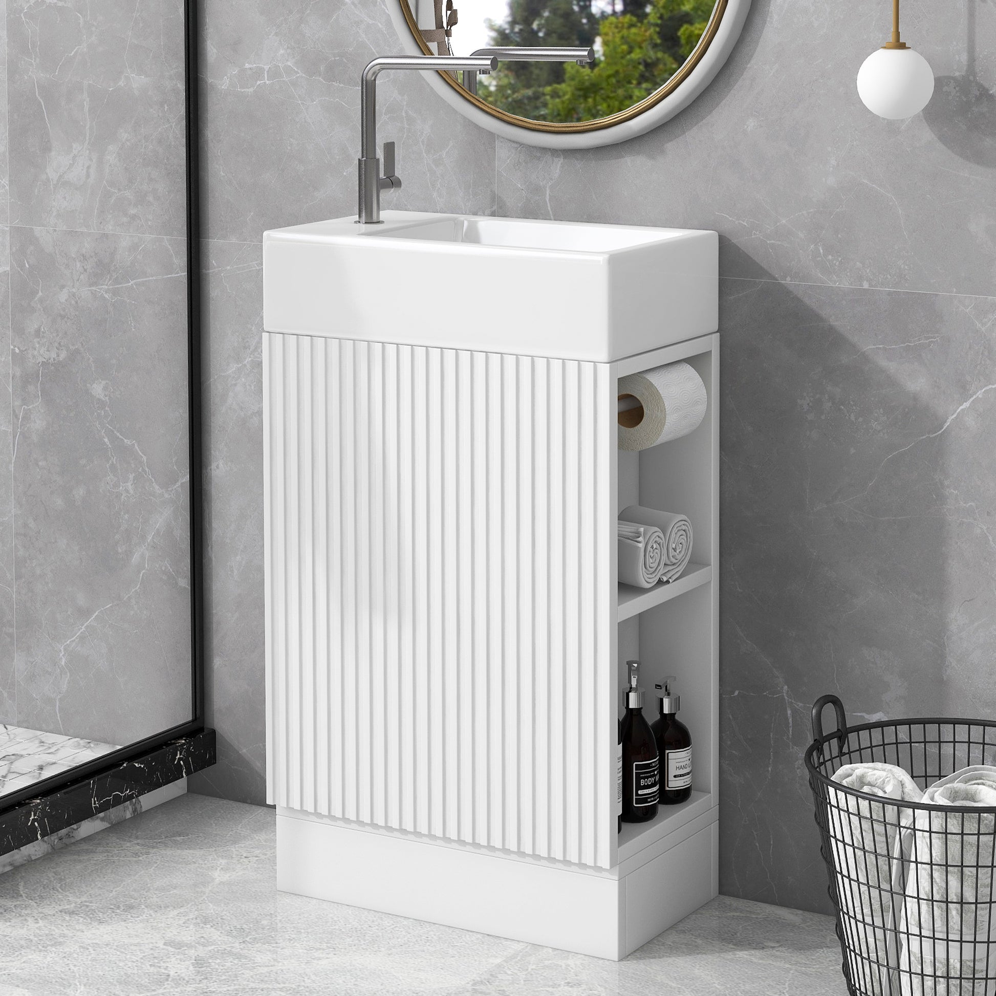 18.6" Bathroom Vanity with Sink, Bathroom Vanity Cabinet with Two-tier Shelf, Left or Right Orientation, White (Old Sku:WF308491AAK) image 1
