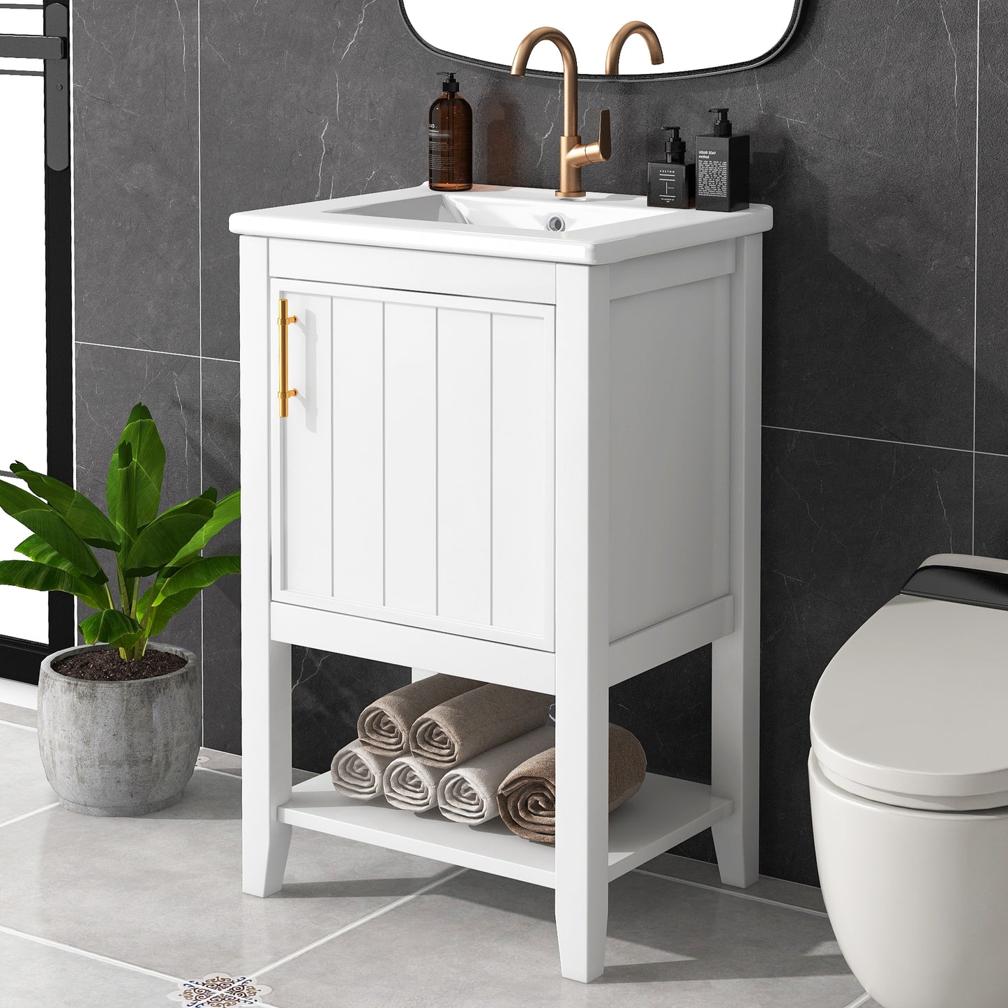 20" Bathroom Vanity with Sink, Bathroom Cabinet with Soft Closing Door, Storage Rack and Open Shelf, White(Old SKU:WF308492AAK/N725P220604K) image 2