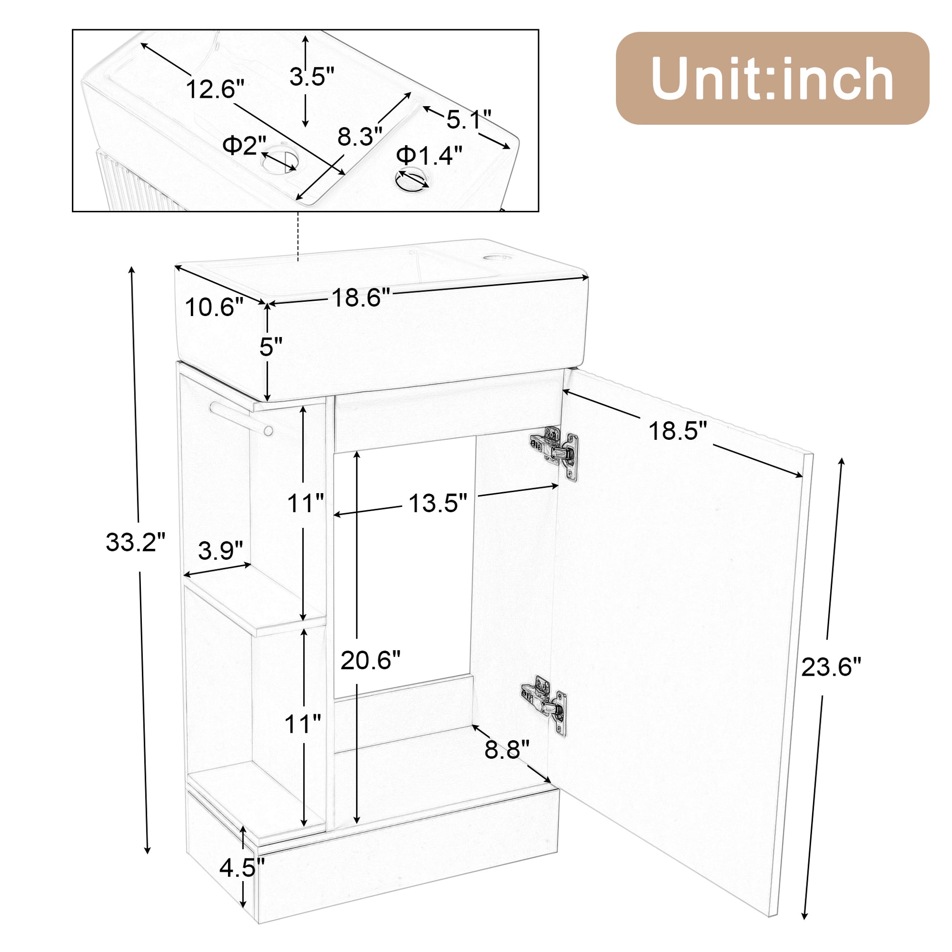 18.6" Bathroom Vanity with Sink, Bathroom Vanity Cabinet with Two-tier Shelf, Left or Right Orientation, Natural (Old Sku:WF308491AAN) image 8