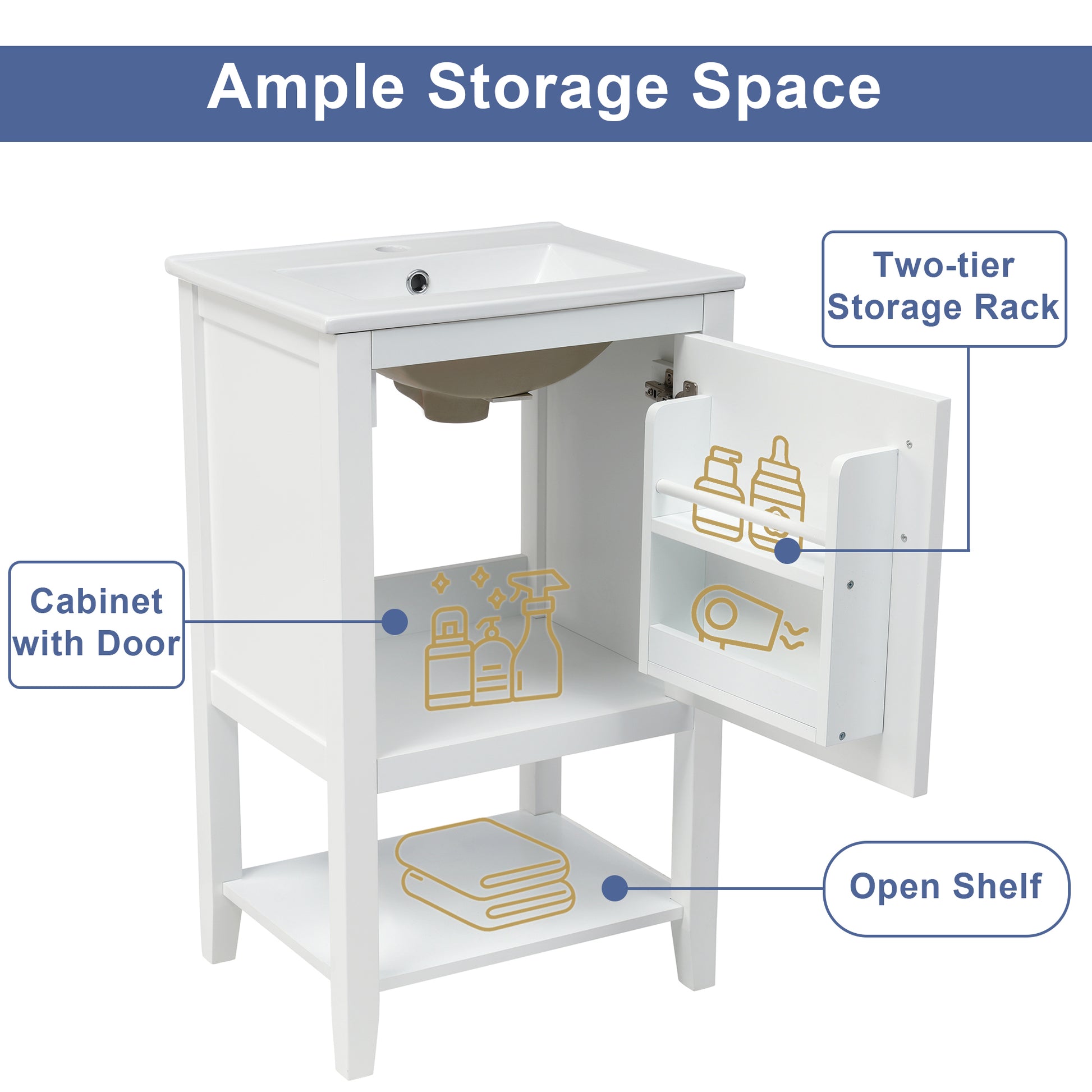 20" Bathroom Vanity with Sink, Bathroom Cabinet with Soft Closing Door, Storage Rack and Open Shelf, White(Old SKU:WF308492AAK/N725P220604K) image 7