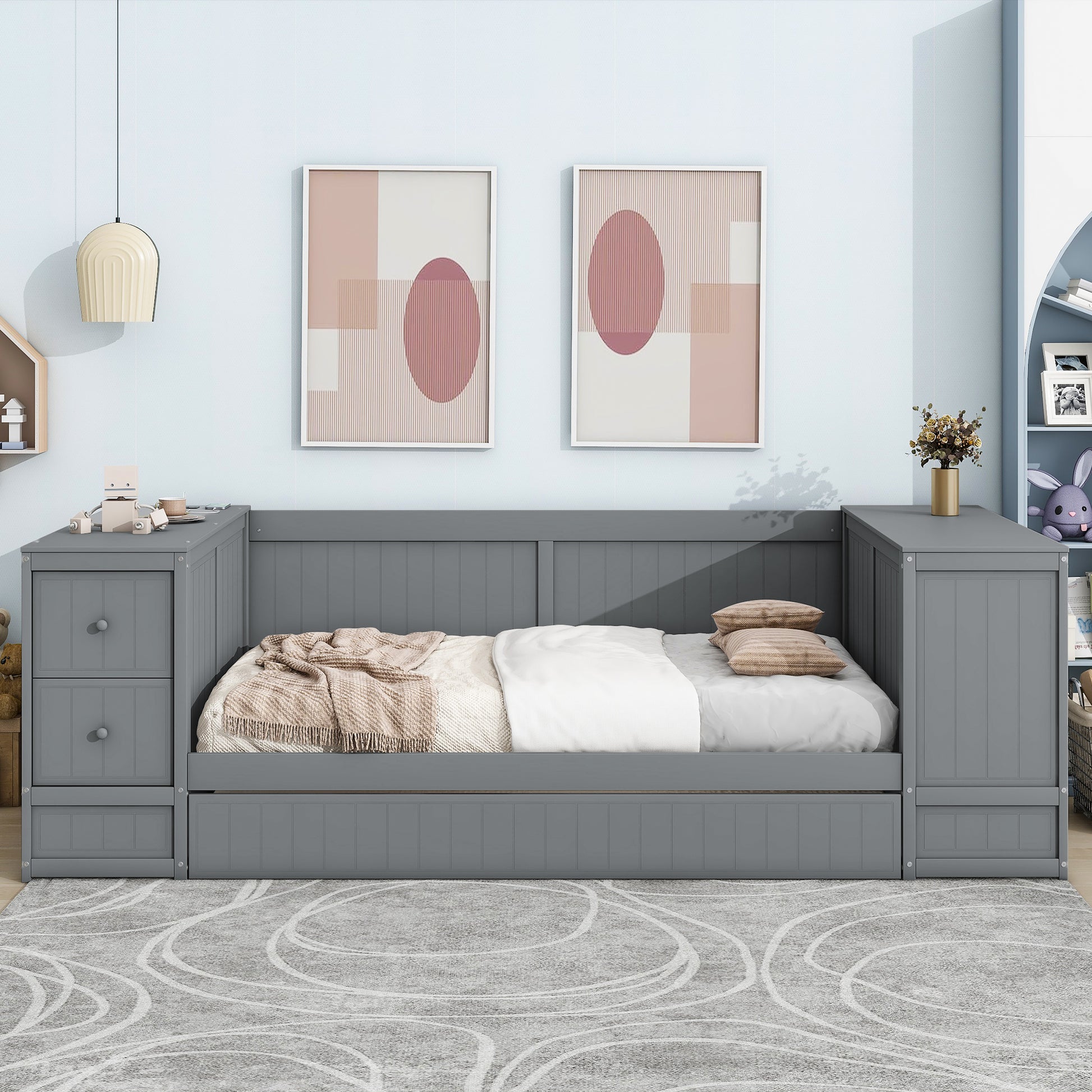 Twin Size Daybed with Storage Arms, Trundle and Charging Station, Gray image 2