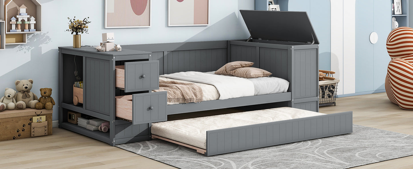 Twin Size Daybed with Storage Arms, Trundle and Charging Station, Gray image 7