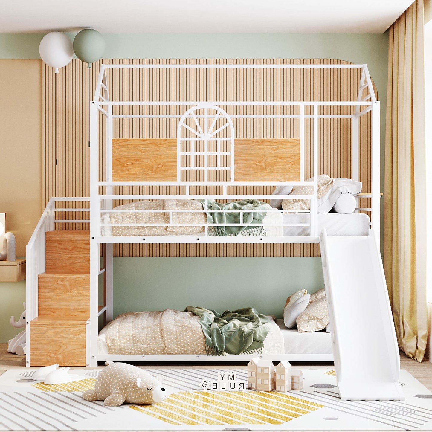 Twin Over Twin Metal Bunk Bed, Metal Housebed with Slide and Storage Stair, White with White Slide(OLD SKU: SF000195AAK) image 2
