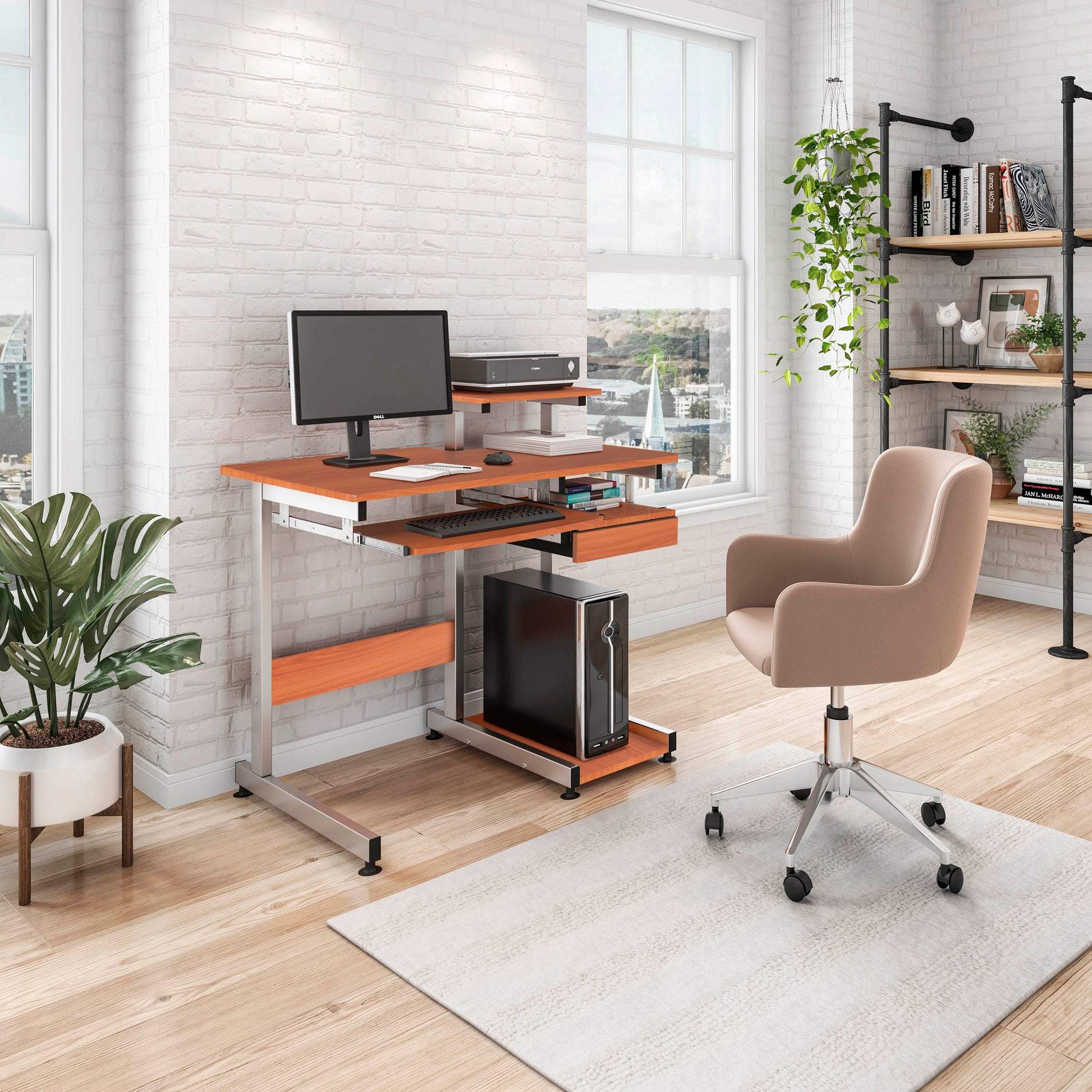 Techni Mobili Complete Computer Workstation Desk, Woodgrain image 1