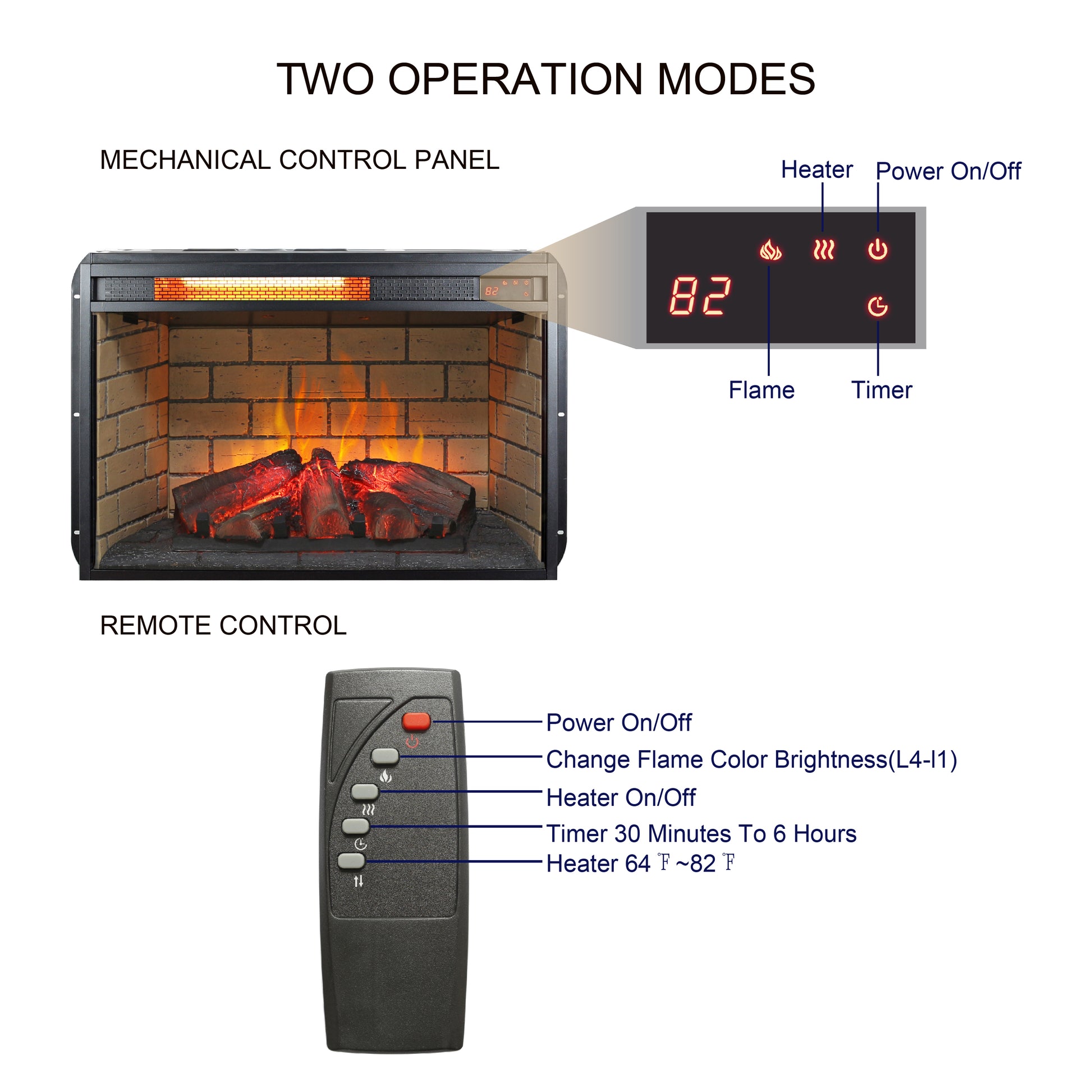26 inch infrared quartz heater fireplace insert -woodlog version with brick image 4