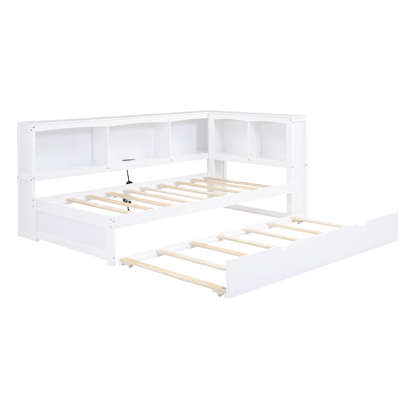 Twin Size Daybed with Trundle, Storage Cabinets and USB Ports, White image 11