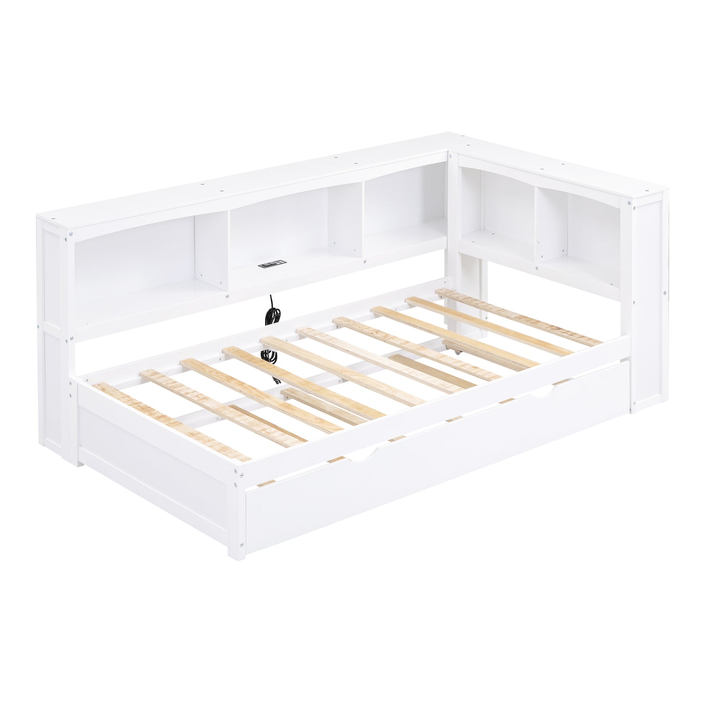 Twin Size Daybed with Trundle, Storage Cabinets and USB Ports, White image 8